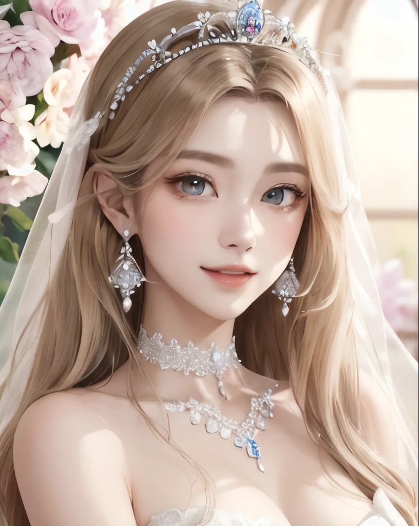 Super detailed、highest quality、masterpiece、
vivid、beautiful girl、Wide double eyelids、Big eyes、Japanese、Sepia eyes、Long Hair、Blonde、Flower Field、Daytime、bright、vivid、Princess、princess、goddess、clear、bride、Wedding dress、race、((organdy))、choker、Earrings、tiara、Natural smile