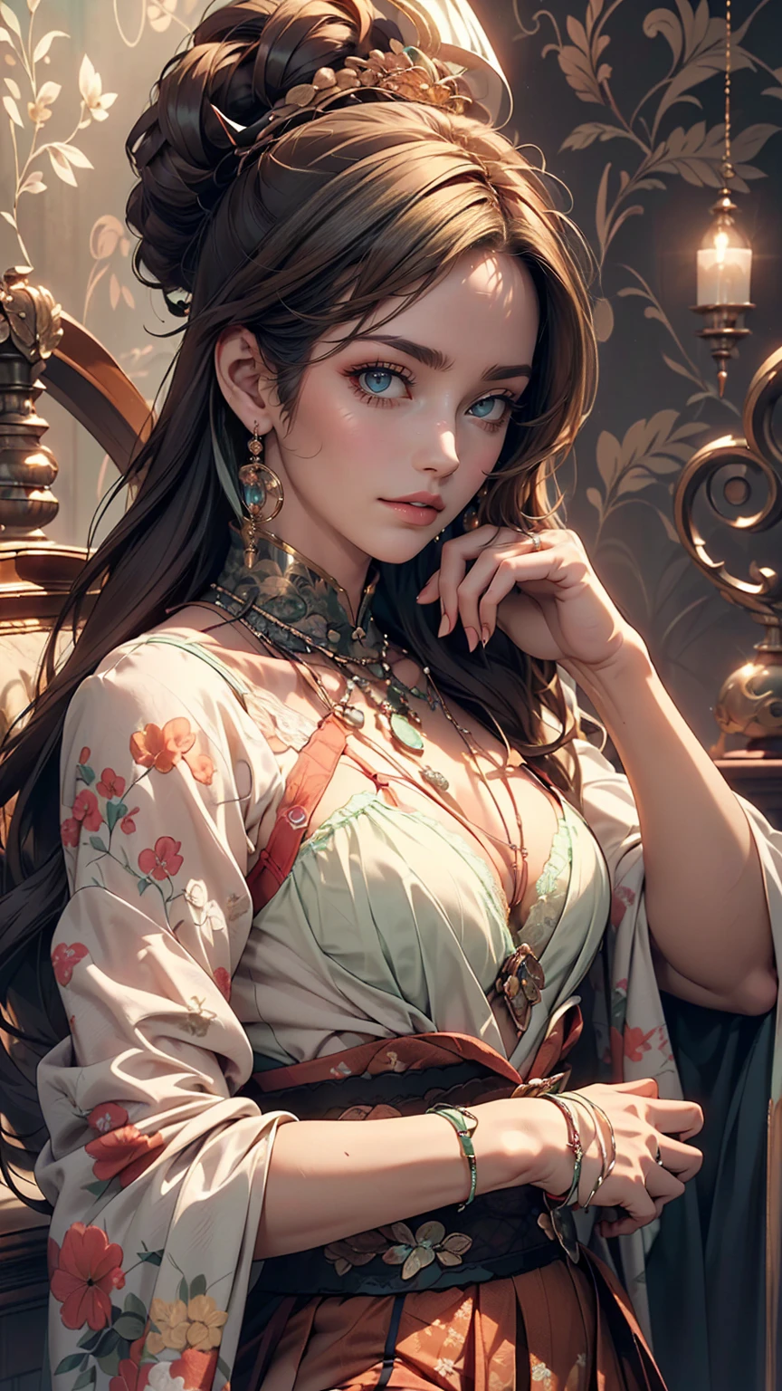 ((((highest quality))))、(((Ultra-precision CG16K wallpaper)))、(((masterpiece)))、(((Very detailed)))、(((Extreme detail)))、((1people々'woman))、成熟したwoman、24歳のwoman、((The Face of Japan))、((Very beautiful face))、((Mai Shiraishi:1.5))、((Straight ponytail hair:1.3、Blunt bangs))、(Shiny brown hair)、Beautiful and delicate eyes、((Big eyes with double eyelids))、Iris、Raise your eyebrows、High nose、Small nostrils、Small Mouth、Seductive lips、Beautiful breasts、((C cup size breasts))、Cleavage、Plump body、(Chubby body type)、Perfect balance、Perfect Anatomy、Perfect composition、Beautiful subtle shadows、美しいNatural light、Beautiful details sparkle、Written boundary depth、(((High chroma)))、(((Genuine:1.9)))、((Vivid:1.5))、((horn:1.6))、((Beautiful Skin))、((Skin Texture))、((Genuineな皮膚感))、(((Cowboy Shot:1.6)))、((正面下からの低horn度ビュー:1.6))、((A shy smile:1.5))、(The eyes that see me:1.5)、Bright sunlight、Natural light、(((floor:1.5)))、(Standing pose:1.5)、(((Sexy Lingerie_Mint green outfit:1.6)))、((Earrings、Wearing a necklace:1.3))、((clarity、Detailed face:1.6))、