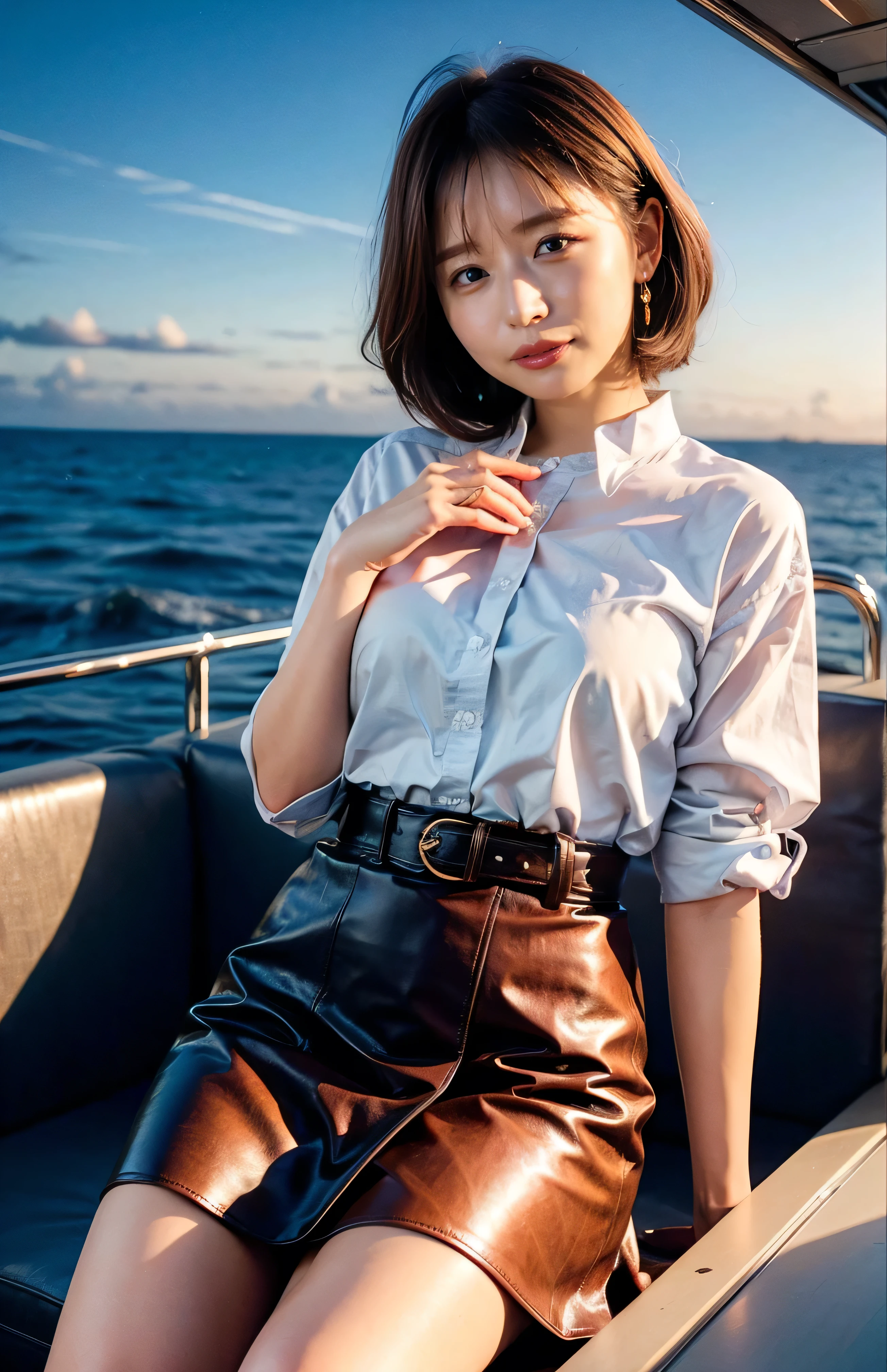 The sky turns red、Woman standing on a boat、Light brown hair、Elegant hairstyle、Blue Eyed Woman、A woman with a cute upward gaze、When the sky gets dark、The gentle lights of the ship shine、The sky turns red as the sun sets、Tight clothing that shows your body lines、、A classy white blouse or white collared shirt、The first button of her blouse is lewdly open、Genuine Leather Belt、革のShort skirt、Dress elegantly着こなす、Luxury Bags、、((Medium Short Hair:1.4))、Skyscrapers seen across the sea、Manhattan 私sland is visible offshore、Woman on a sightseeing boat、、The sun shines on her、Light brown hair、Light brown hair、The sky was dyed red、There are clouds、私t's cute、An elegantly dressed woman is sitting on a boat and watching the sunset、Her ample breasts are obvious even through her clothes..、The shining sun is so beautiful、Dusk is approaching、Lens flare、私 can see the sun setting、((Sunlight reflecting off the ocean、Ocean View、The sun shines on the ocean、'beautiful.、Small earrings、私t'evening、Birds are also flying、、Brown Hair Color、Tying up hair、The woman is on the right:1.4))、Luxury Leather Belts、Shiny clothes、Light beige hair color、Background Blur、Braid only the front hair、Light brown hair、{{Cowgirl Shot}}、((Close-up shot from the waist up、Ample breasts:1.4))、Smile、Silk clothing、Ample breasts that can be seen even through clothes、Braid only the front hair、Cowboy Shot、Gorgeous white collared silk shirt and brown skirt、Dress elegantly、Luxury Bags、A lovely smile、((Ample breasts))、Full body photo、ring、Short skirt、Tuck your hair behind one ear、Silver Necklace、smile、 Elegant ponytail、Caustics、Highly detailed photos、Very beautiful and ideal short hair、Super no makeup、(8k、RAW Photos、highest quality、masterpiece:1.2)、(Realistic、Realistic)、1 girl、((Medium Short Hair、Looking into the camera:1.4))、Hair blowing in the wind