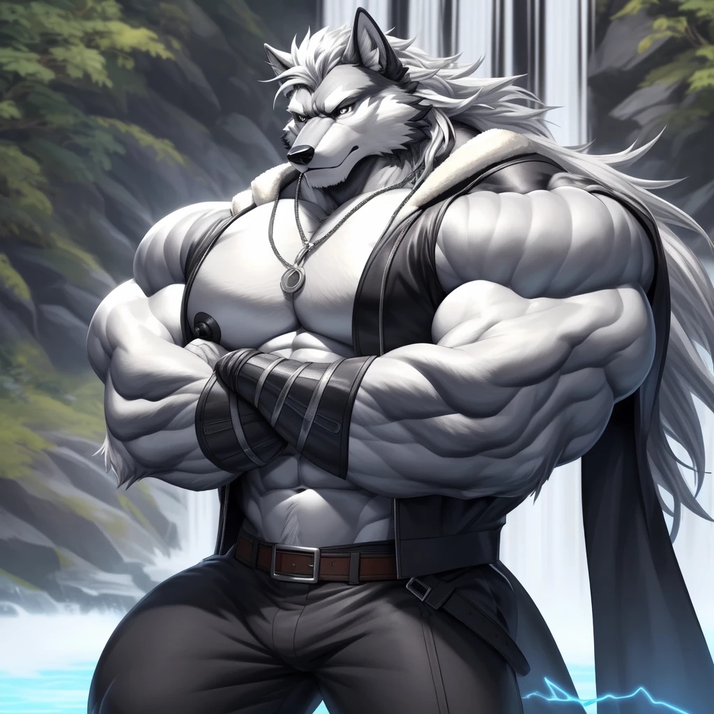 (upload on e621) (Masterpiece) (by Drks) (best quality) (ultra high res) 4K (8k HD) 2D (perfect anatomy) (digital art) (official art) (extreme detailed) (ultra detailed) (strapsanime) color (soft shading) (sharp focus) (waterfall background) 1man silver body fur silver belly detailed fluffy fur (ultra detailed face) high detailed eyes high detailed iris eyes high detailed silver eyes (white sclera) black pupils big navel abs bare pectoral (((huge black shiny nipples))) black claw nails furry wolf male mature male silver giant bulky muscular body fur giant size canid (((huge muscles))) (((hyper muscles))) huge pecs (((oversize pecs))) huge biceps (((giant biceps))) (((fullbody))) canine canis mammal powerful wolf god wolf male calm cool collected demeanor face badass wolf anthro solo standing (((wearing silver full complete sleeveless long trench coat jacket))) (((silver longest flowing length hair))) (((best longest silver hair))) (((silver longest flowing length back fur hair))) (((silver longest flowing length hair fur front lay on pecs))) (((perfect fingers))) (((five fingers))) silver hands and fingers (((wearing silver fingerless gloves))) (((silver arm bands on his biceps))) (((three silver arm bands on his forearms))) (((dark black huge bead necklaces))) (((dark black huge longer bead necklaces around neck to pecs))) (((silver long wolf tail))) (((black long pants with silver lines with belt straps on both legs))) (((silver electricity and silver surge aura flow entire body))) (((blue silver aura around his body))) (((crossed arm pose)))