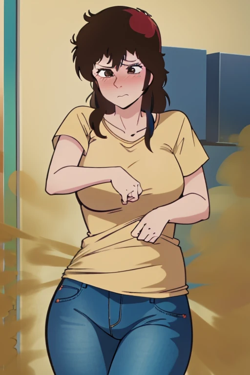 HD, high quality, high resolution, ultrahd,Kaori Makimura, 1female, wearing casual outfit, tshirt, jeans,, default hair, brown hair, tall body, massive fart, velocity, yellow smoke, clenching teeth, wide eyes, leaning, blush, embarrassed