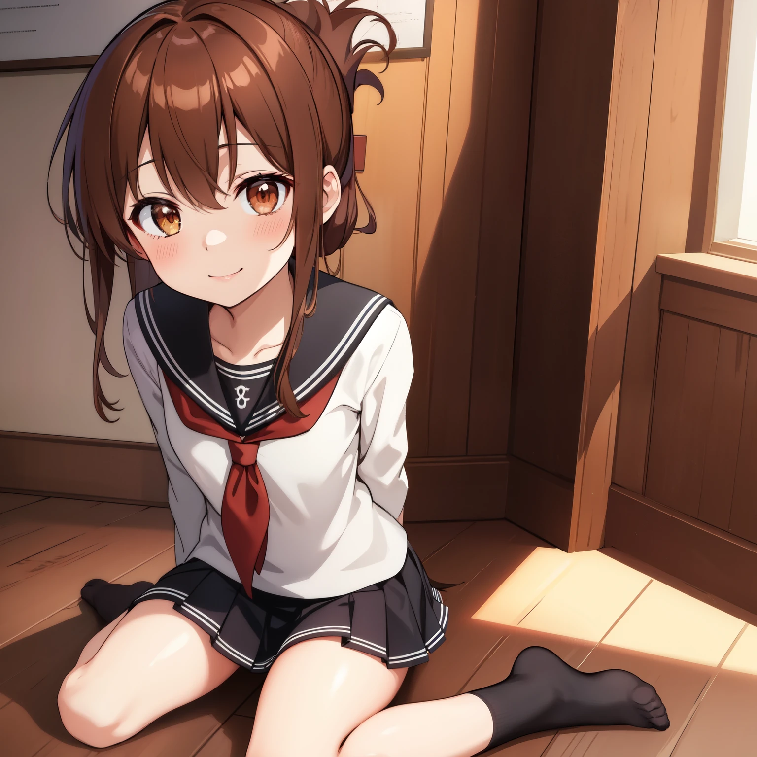 [score_9, score_8_superior, score_7_superior], sauce_anime, One girl, alone,  serafuku, Sitting on the floor, Put your arms behind your back, knees superior, barefoot, View Viewer, smile, blush, classroom, (masterpiece, best quality:1.2),illustration,8k,hd,1girl,solo,upper body,(portrait:1.2),brown_hair,folded_ponytail,brown_eyes,serafuku,long_hair,school_uniform,skirt,pleated_skirt,