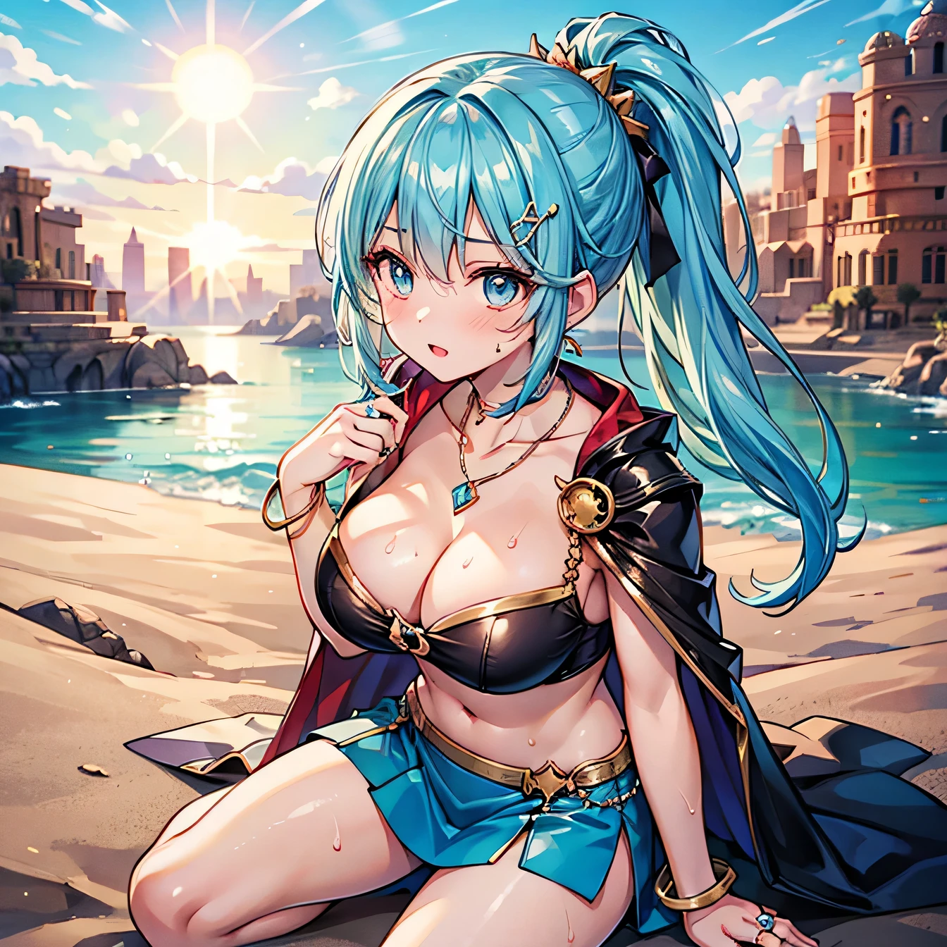 Anime Moe Art Style,highest quality,High resolution,Anatomically correct,One Girl,Mid-s,A girl with light blue hair in a ponytail,Super detailed,Fantasy World,Off-the-shoulder tops,mini skirt,Big Breasts,Daytime,desert,,A rich expression,It's hot,Sweaty sun cape,Eyes drawn in detail,hair ornaments,necklace,bracelet,ring,8K