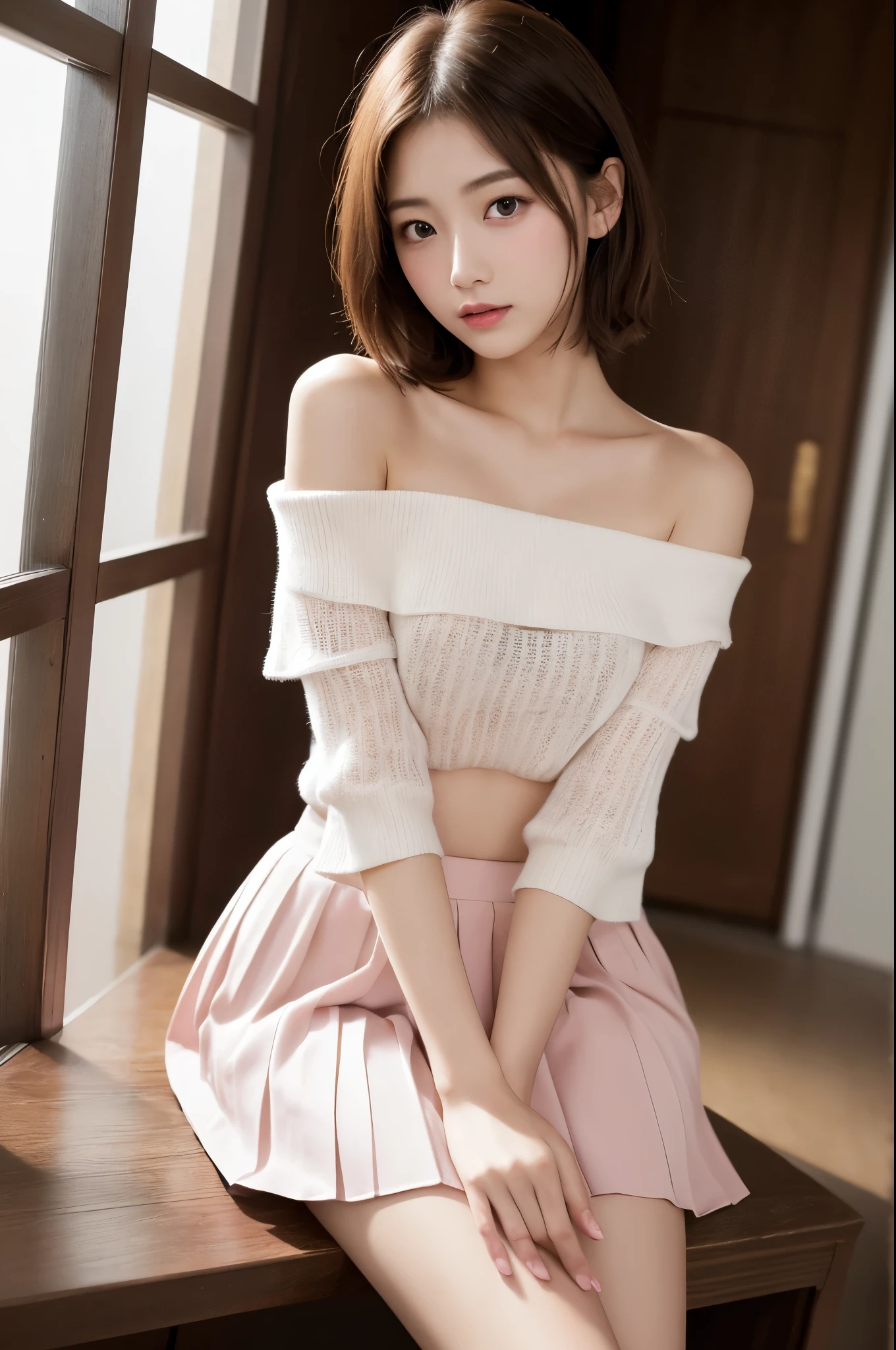(High resolution、8k:1.3)、masterpiece、(Ultra-realistic as a photo:1.3)、Very nice finish、perfect anatomy, Sharp focus, 超High resolutionの顔、highest quality、The face is in focus、Ultra high definition and beautiful eyes、Eyes are symmetrical、High quality and beautiful skin、Firm Skin、Japanese Girls, Slender、very cute、、(Off the shoulder、Pleated skirt、mini skirt), Natural Makeup, (blush:1.3), (Embarrassing:1.3)、Sitting、(View your viewers:1.3)，short hair, messy hair
