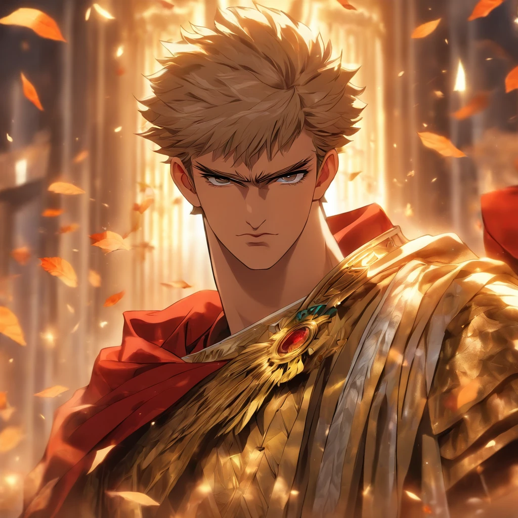 Reincarnation of the Roman emperor Constantine the Great, wearing a suit, eyes that shine brightly like the eyes of a lion, eyes sharp like an eagle, a gentle smile, a calm but cool-headed, ambitious, aura of a ruler, a first-class politician, tall, strong, Rome background, autumn, maple leaves,masterpiece。top-quality。Super beautiful。The ultra -The high-definition。detaileds。exquisite。(masutepiece, Digital Art, Digital Illustration, 4K, 8K, Ultra-detailed, beautiful image, Sharp Image, Photorealistic, Raw photo, Perfect face, Perfect lines, Perfect eyes, Soft lighting)