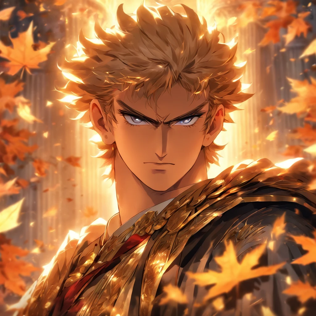 Reincarnation of the Roman emperor Constantine the Great, wearing a suit, eyes that shine brightly like the eyes of a lion, eyes sharp like an eagle, a gentle smile, a calm but cool-headed, ambitious, aura of a ruler, a first-class politician, tall, strong, Rome background, autumn, maple leaves,masterpiece。top-quality。Super beautiful。The ultra -The high-definition。detaileds。exquisite。(masutepiece, Digital Art, Digital Illustration, 4K, 8K, Ultra-detailed, beautiful image, Sharp Image, Photorealistic, Raw photo, Perfect face, Perfect lines, Perfect eyes, Soft lighting)
