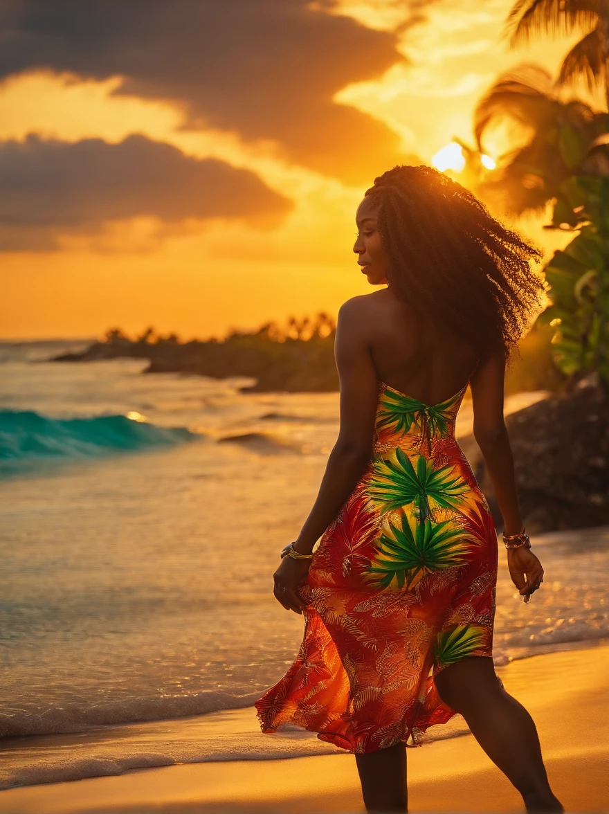 Jamaican girl, realistic, walking on tropical beach, wearing reggae minidress, sfw, sunset,