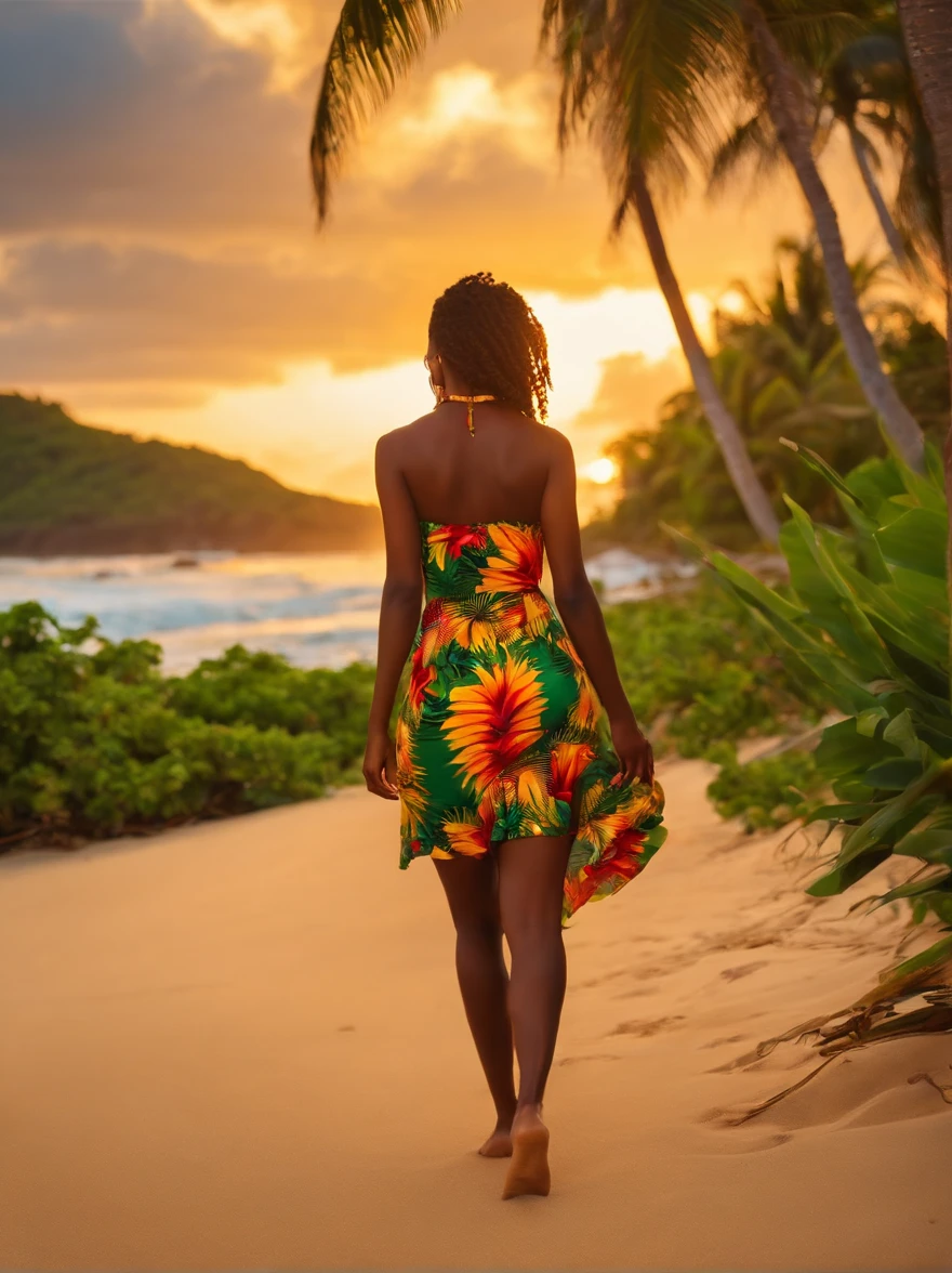 Jamaican girl, realistic, walking on tropical beach, wearing reggae minidress, sfw, sunset, 