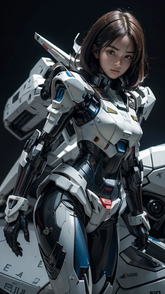 Textured skin, Super Detail, high details, Best Quality, hight resolution, 1080p, hard disk, a beauty,She wears a futuristic Gundam mecha,(Gundam),Fulll body Shot