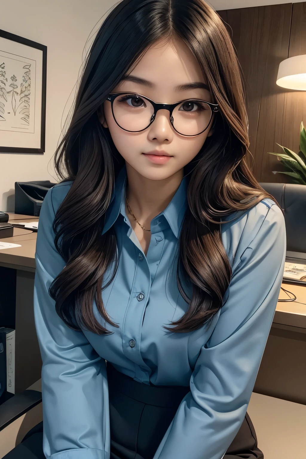 detailed face of photo. 20 year old white skin slim body Indonesian girl with a sweet  face,   round face chubby face and long brown wavy hair, round glasses wearing long sleeved dark blue formal shirt with batik pattern sitting in luxury office 