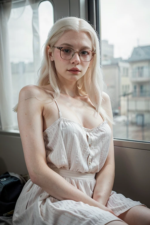 1 woman, Eyeglasses, she dress a clothe, (albino:1.4)woman of Slavic descent.(short:1.1), long white hair, gray eyes, ((very pale:1.4)), posing as a model, summer haze, muted colors, muted warm colors, Photo cinematic portrait of a woman dressed in a striped dress sitting by the window in the early morning, cinematic, (tilted:1.3) (on an old train) look cautious, standing under a spotlight, volumetric dust clouds, key light, backlight, soft natural lighting, photography Film grain ISO 400 30 mm lens RAW f1.8 aperture, highly detailed (analog photography:1), colors hdr