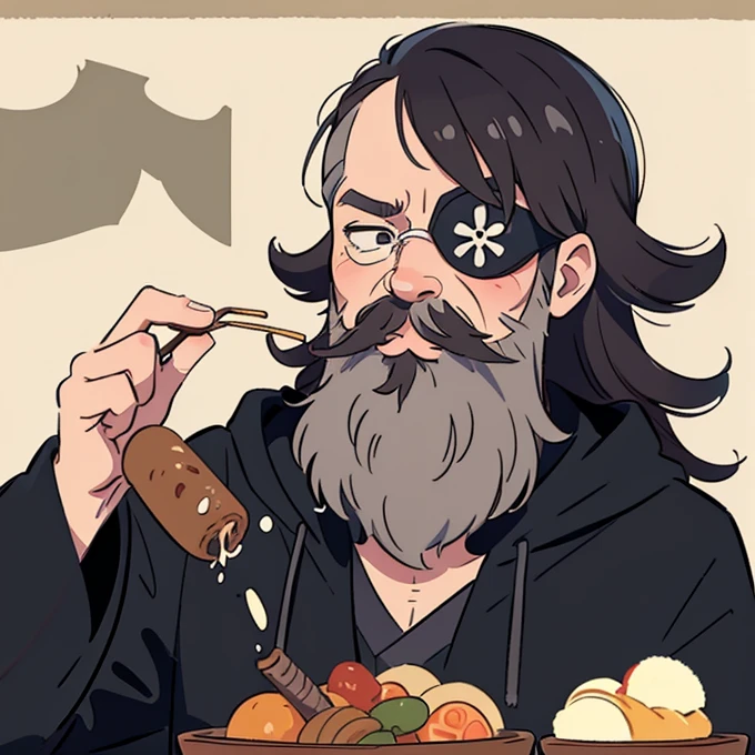 popart,flat color,(masterpiece, best quality,ultra-detailed:1.2) ,Oldman eating oden,Wearing black hood and robes,Grey Mustache and Long Beard,only (left Eye patch),