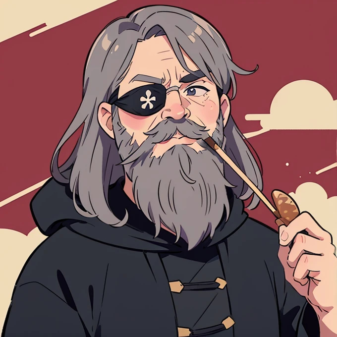 popart,flat color,(masterpiece, best quality,ultra-detailed:1.2) ,Oldman eating oden,Wearing black hood and robes,Grey Mustache and Long Beard,only (left Eye patch),