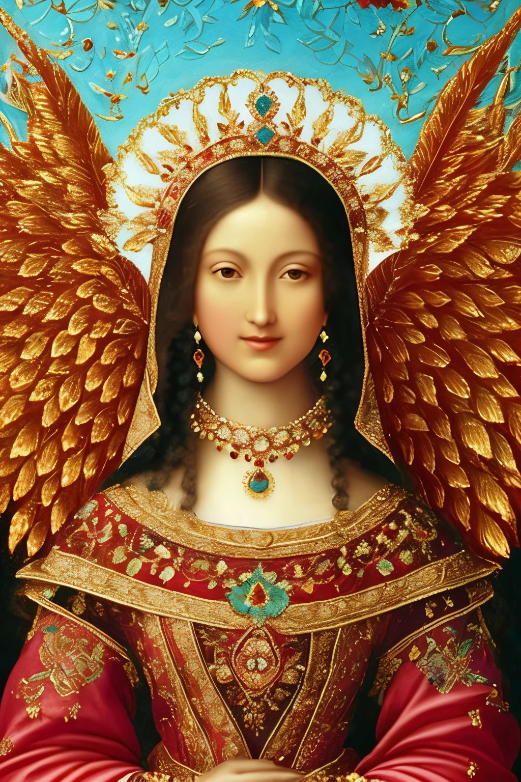 You were the epitome of wisdom and timeless beauty, resplendent in the divine garden of Eden. Jewels of extraordinary value adorned you: rubies, topazes, diamonds, turquoises, onyx, jaspers, sapphires, and rubies. Your clothes were of finest silk, woven in various colors and intricately embroidered. You feasted on food prepared with the finest ingredients: wheat flour, honey, and oil. As your beauty transcended, so did your renown, spreading far and wide.
High resolution digital artwork, full-body portrait, painted in the style of Renaissance masterpieces, you were depicted as an angel