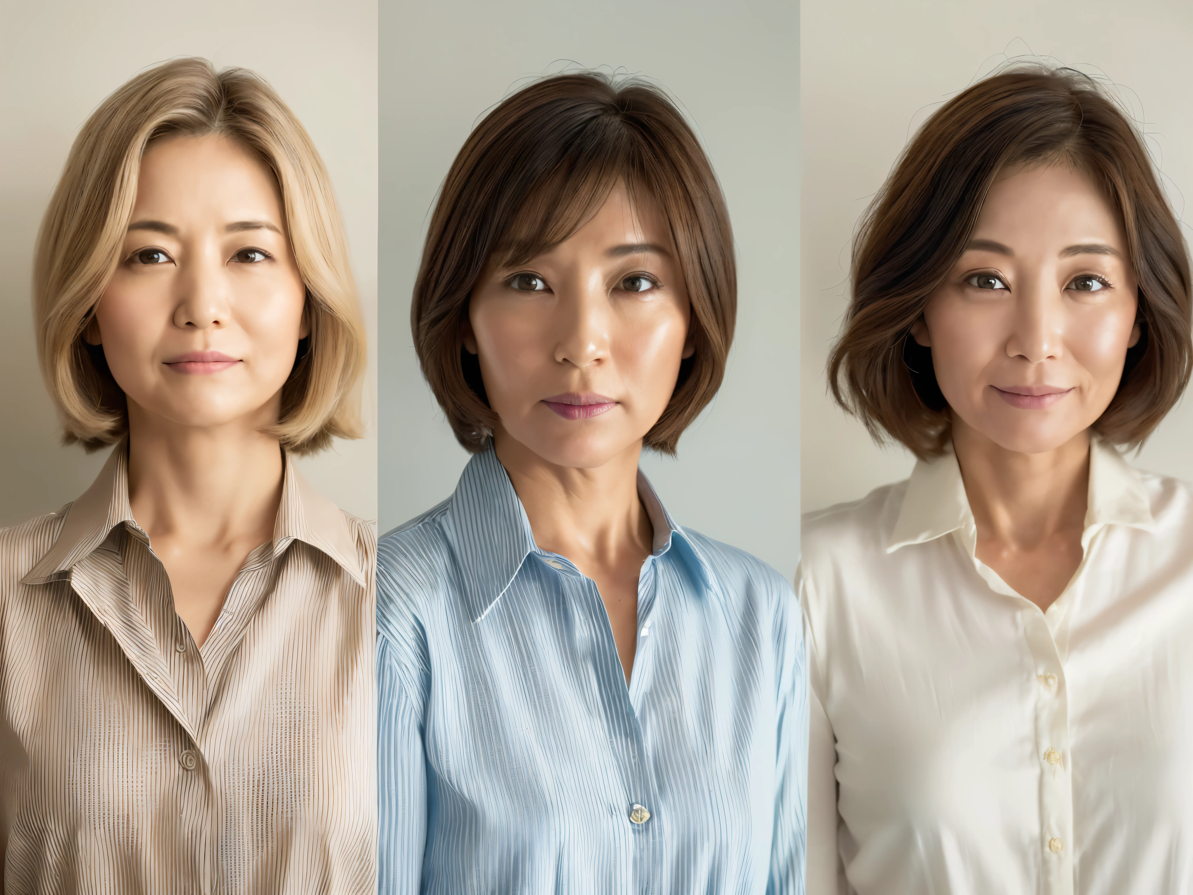 ((highest quality)), ((8K)), ((masterpiece: 1.3)), (Perfect appearance), (Photorealism: 1.6), (Ultra high definition), (Bust-up portrait of one Japanese Mature), (60 years old, Japanese Mature), ((Realistic skin texture)), (Fine lines all over the skin), (Dull skin), (Facial wrinkles), (Wrinkles around the eyes), double eyelid, Tear bags under the eyelids, (Short bangs), (Short Hair), (Both ears are visible), (shirt: 1.4), (The second button on the shirt is undone: 1.4), (Her chest is exposed: 1.2),