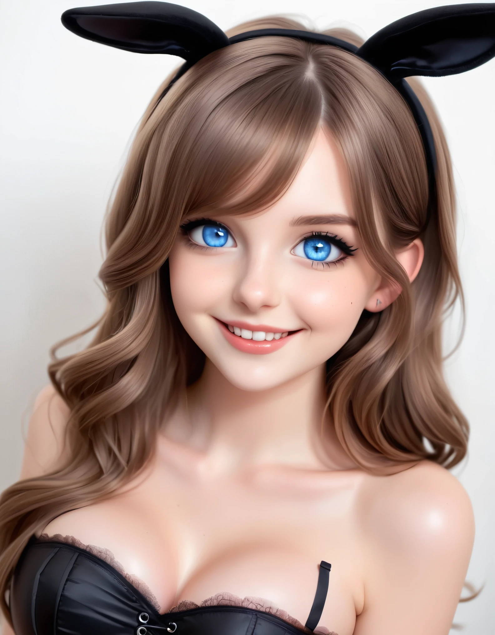 a cute, young woman with long, wavy, light brown hair, wearing a black bunny headband with shiny black ears. She has big, expressive blue eyes and a warm, playful smile, with a slight blush on her cheeks. The woman is dressed in a shiny black, strapless, corset-like top that accentuates her figure, paired with a red, pleated mini skirt. She is also wearing black thigh-high stockings. The background is plain white to highlight the character's details. The overall art style should be vibrant, with smooth, detailed shading and highlights to give a slightly glossy finish to the outfit, particularly emphasizing the texture of the corset and stockings