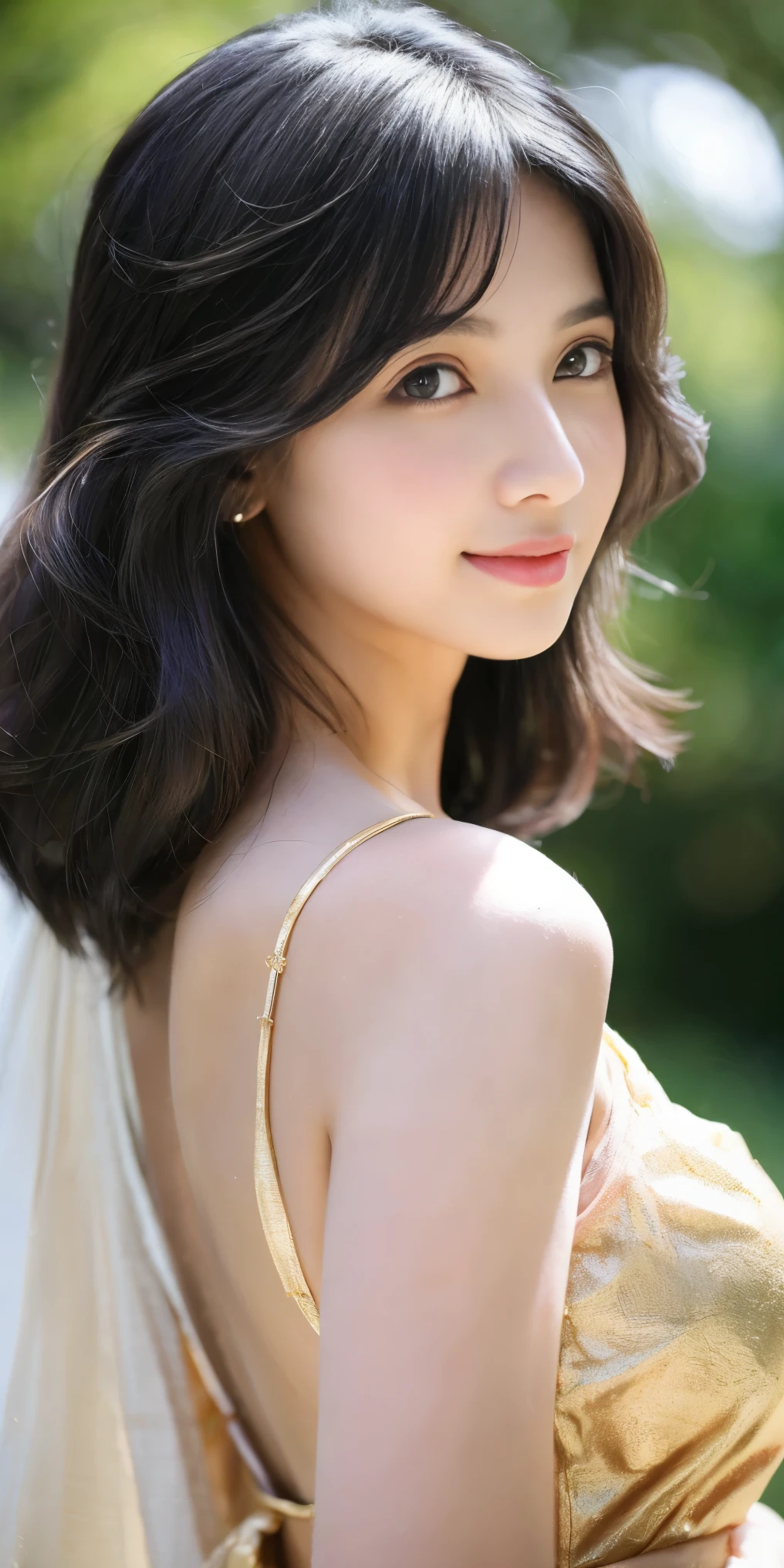 (((desi girl))), chubby face, natural skin, wearing beautiful dress, charming black hair, ((hair ends are blonde)), greenary village background, bokeh