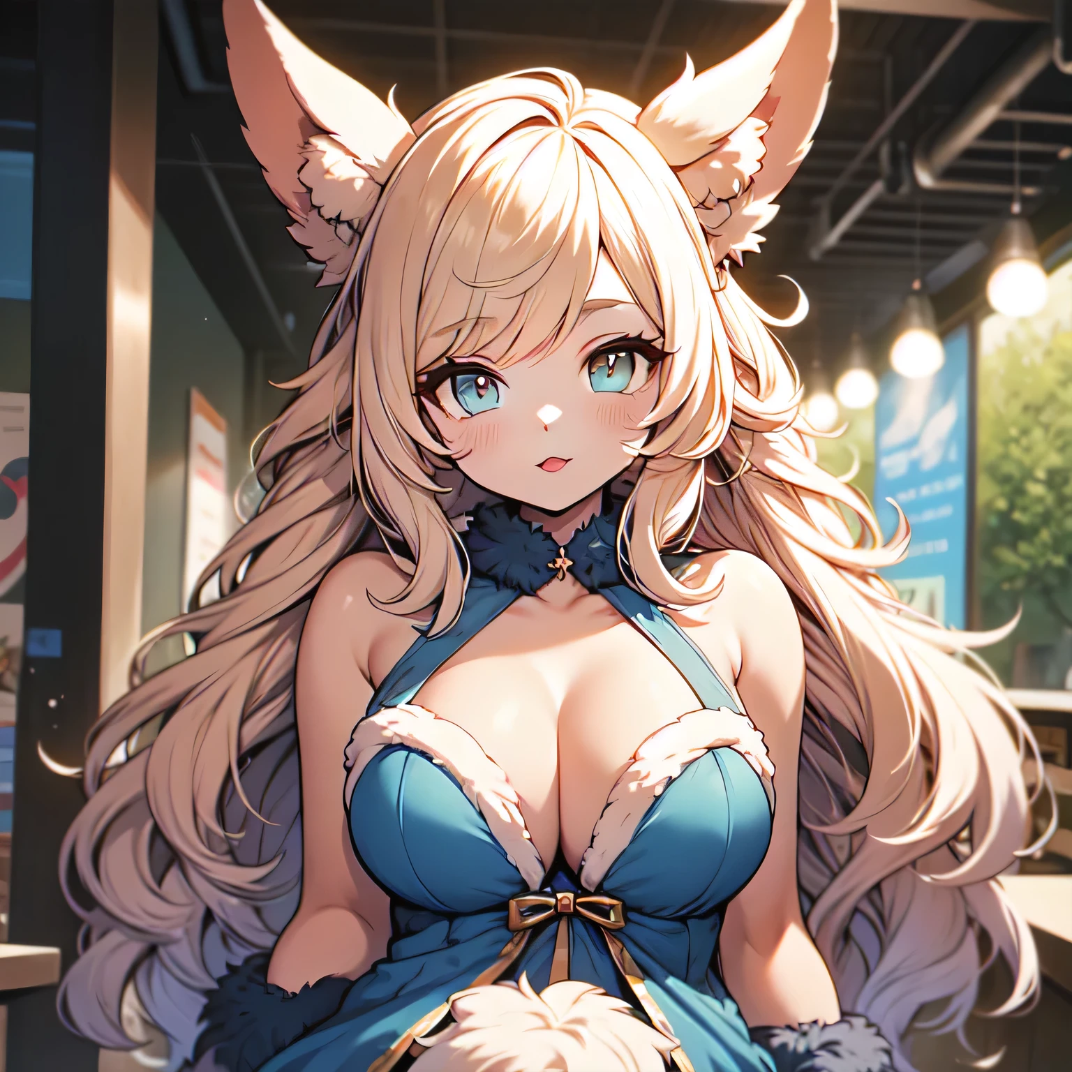 hairy, Orange fur, two-toned fur, detail, Large Breasts, frilly dress,Cleavage,Sexy pose