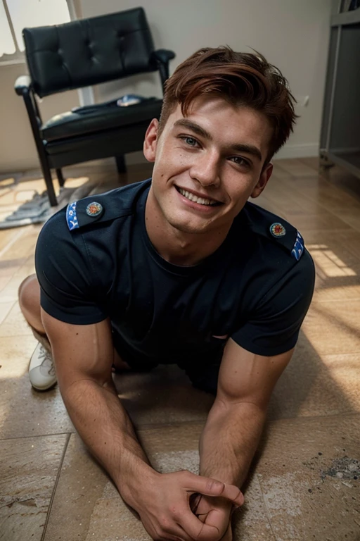 ((best quality)), ((masterpiece)), (detailed), perfect face, attractive man, 20 years old, short red hair, cute jock, full body, bodybuilder, police uniform scattered on the floor, scattered clothes on the floor, dumb thoughtless smile, tough guy face, policeman thoughtlessly splayed on front of police car