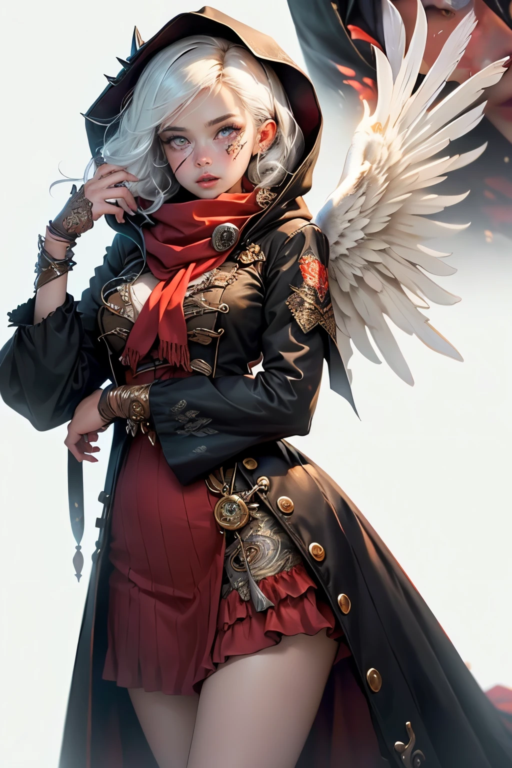 ((best quality)), ((masterpiece)), (detailed), perfect face, ((best quality)), ((masterpiece)), (detailed), perfect face(Golden ratio:1.2),(Fault color:1.3),[(White background:1.4)::10], (full bodyesbian:1.2),(Ultra-detailed:1.3), (Paper:1.2)（Red and white color background） (colorful ink paper flower grow on the face:1.2), s girl，White hair，Red glowing eyes, sportrait, photorealestic,（（（Red and white trench coat））），（Red scarf)，a black pleated skirt，black t-shirts，longer sleeves，（（With a hood）），((Multiple pairs of angel wings))，side-lighting, the wallpaper, NSFW, Depicting female characters from ethereal anime in a high-quality anime art style，，，8K，Red and white shoes with a sense of technology，(chaotic geometric images:1.3),(nagative space:0.8),(Drawing board:1.3), (ether colorful ink flowing:1.3), a knight, white background, plain background, Bloodborne inspired, tatty Bloodborne attire, occult aesthetic, occult, tatty red and white clothing detailed and intricate steampunk and detailed gothic loliwith a hood), long coat, Complex laced boots, Fluttering lace flared long knee length dress with frilly petticoats, long dress, knee length dress, pleated petticoats, lolita d, petticoats gothic lolita, beaul small breasts, (((( Highly detailed face))), small thin nose, Small thin lips mouth, (((Very sharp focused eyes))), Very large slit precision pale grey eyes that shine like jewels. very long eyelashes, Silver hair swaying in the wind, Emitting a dazzling light in a mandala pattern, white background, Very dramatic and cinematic lighting, tatty damaged old red and white clothing, full body, whole body, body, cosmic horror, grim dark
