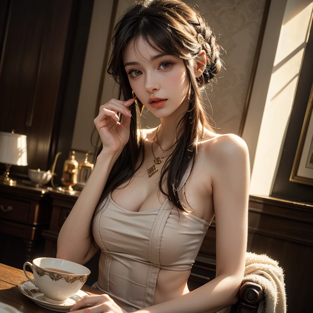 a beautiful young russian woman, detailed face, stunning eyes, long eyelashes, attractive facial features, flawless skin, light brown hair, tight waist, cleavage, stylish clothes, necklace, active posing, rough long hairstyle, vivid colors, masterpiece, best quality, 8k, photorealistic, Enjoying tea time alone