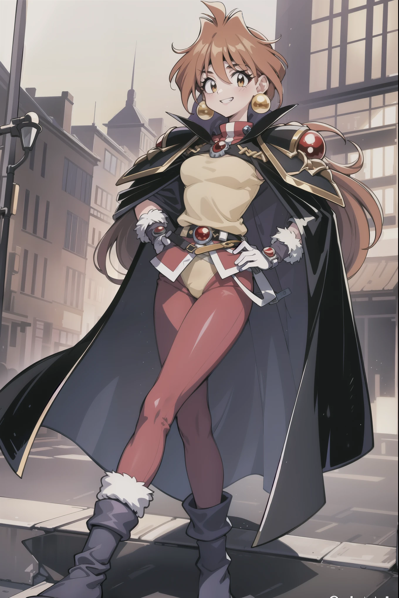 masterpiece, highest quality, Super detailed, figure, One girl, 1990s \(style\), One girl, LNvs-sd15, Cape, tooth, Scapula, Red trousers, Yellow Shirt, Sleeveless shirt, head band, Black boots, Black gloves, smile, Hoop Earrings, fur trimmed gloves,  Long Hair, Beautiful Hair, Shiny Hair, Beautiful Skin, detailed face and eyes, Glossy lips, Slender body, Are standing, Random Pause:1.2, City background, Dutch Angle,
