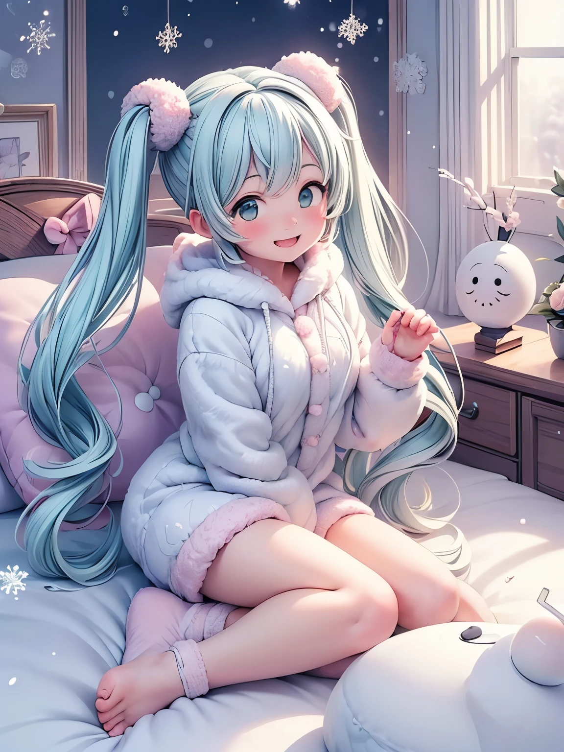 (masterpiece、highest quality、highest quality、Official Art、Beautiful and beautiful:1.2)、(One girl:1.3)Hatsune Miku、Twin tails,Big Breasts,heal，Reject EMO，very happy，very happy，Face life with a smile，Light of the sun，Long white hair，Fluffy winter pajamas，House of Clouds，Snowman pillow，