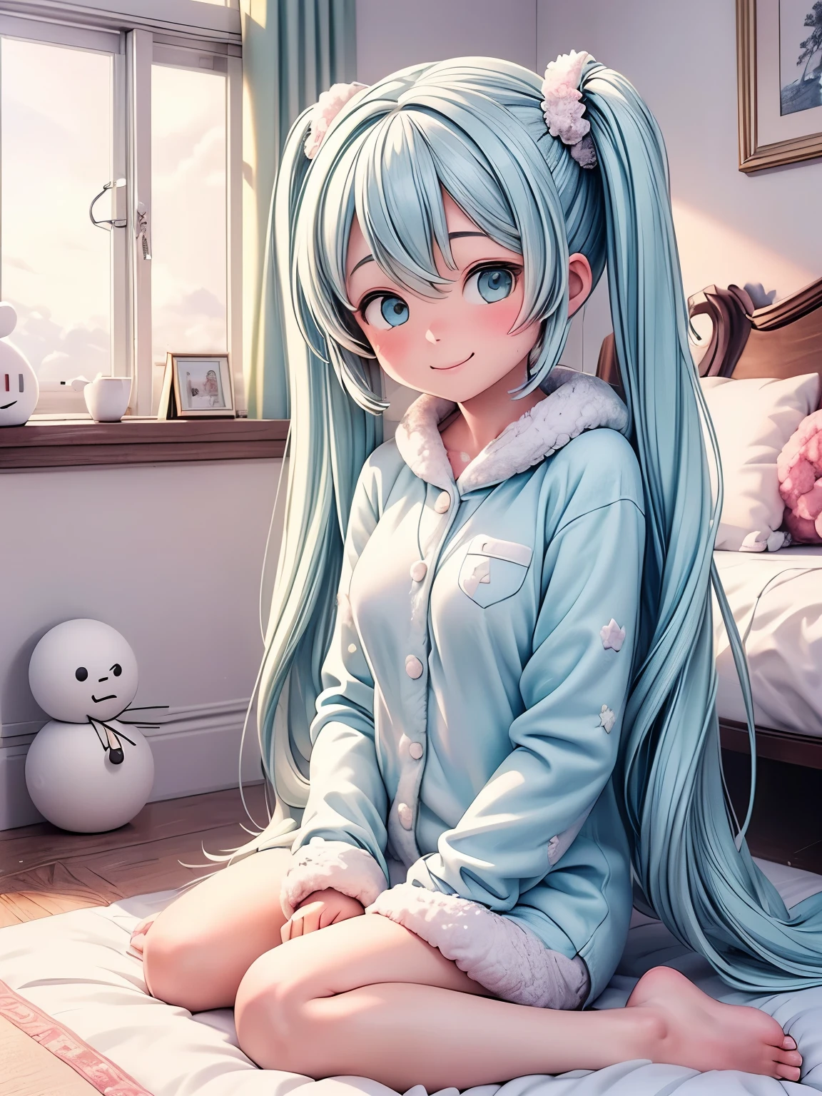 (masterpiece、highest quality、highest quality、Official Art、Beautiful and beautiful:1.2)、(One girl:1.3)Hatsune Miku、Twin tails,Big Breasts,heal，Reject EMO，very happy，very happy，Face life with a smile，Light of the sun，Long white hair，Fluffy winter pajamas，House of Clouds，Snowman pillow，