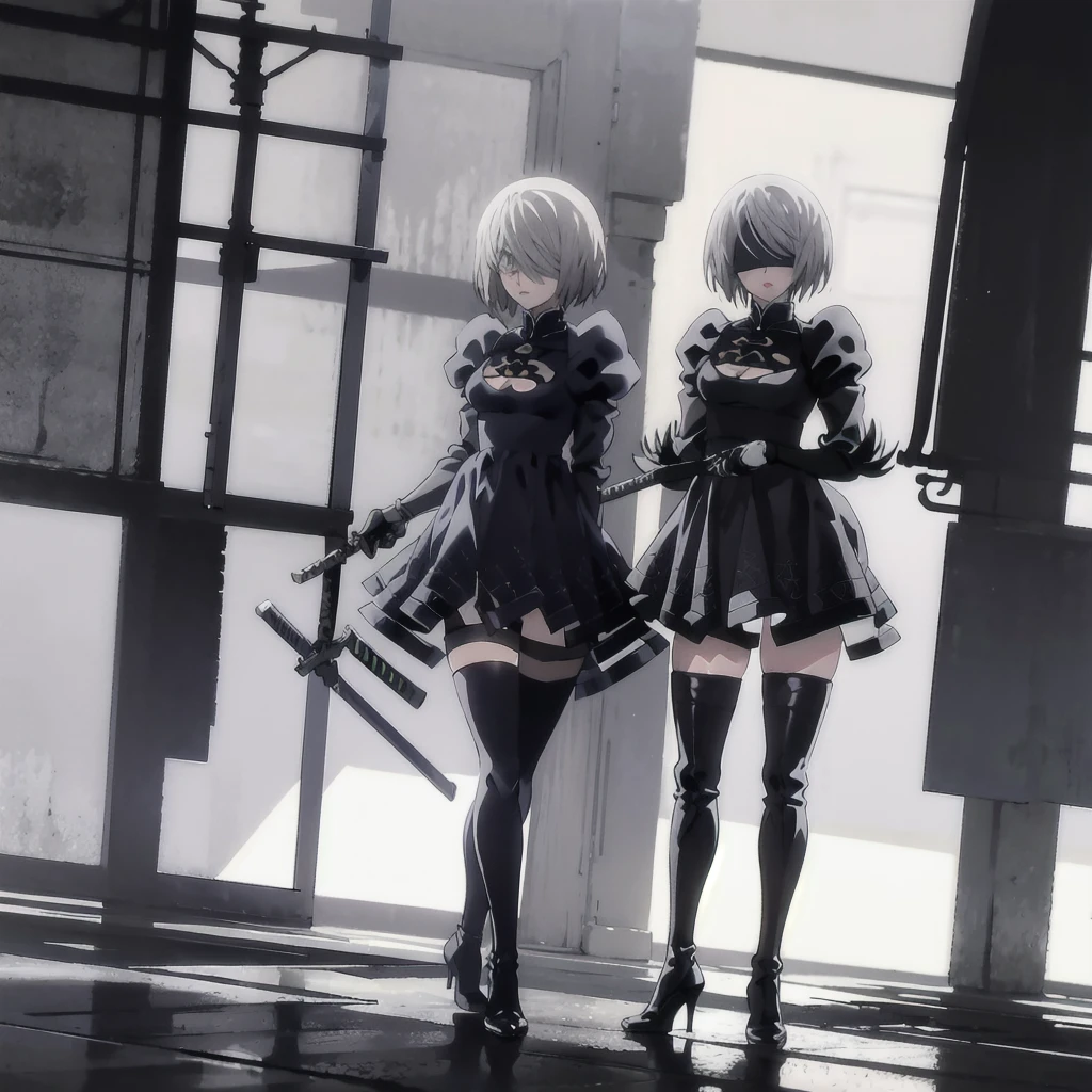 2B, 1girl, solo, short hair, thighhighs, gloves, long sleeves, dress, holding, cleavage, medium breasts, standing, full body, weapon, white hair, hairband, boots, puffy sleeves, sword, black thighhighs, black footwear, holding weapon, mole, black dress, high heels, leotard, clothing cutout, thigh boots, holding sword, cleavage cutout, katana, black hairband, juliet sleeves, mole under mouth, facing viewer, high heel boots, blindfold, covered eyes, black blindfold, feather-trimmed sleeves, masterpiece,