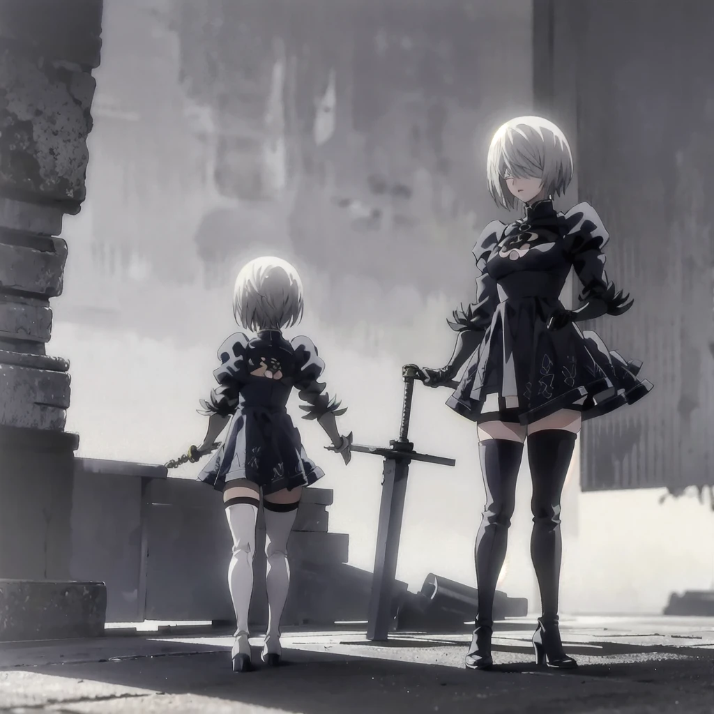 2B, 1girl, solo, short hair, thighhighs, gloves, long sleeves, dress, holding, cleavage, medium breasts, standing, full body, weapon, white hair, hairband, boots, puffy sleeves, sword, black thighhighs, black footwear, holding weapon, mole, black dress, high heels, leotard, clothing cutout, thigh boots, holding sword, cleavage cutout, katana, black hairband, juliet sleeves, mole under mouth, facing viewer, high heel boots, blindfold, covered eyes, black blindfold, feather-trimmed sleeves, masterpiece, 