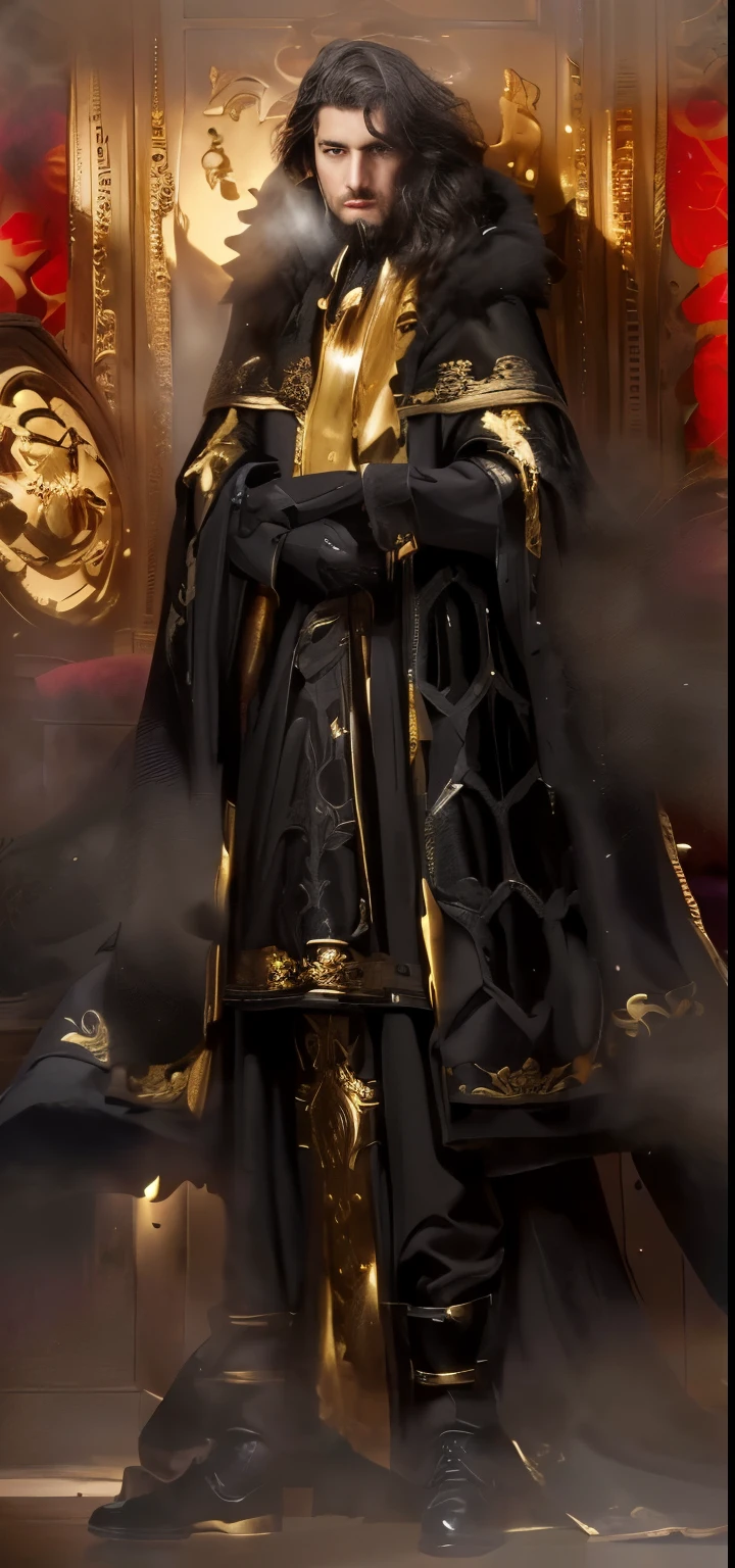 Close-up of a man wearing black and gold clothing, Wearing a dark robe with gold trim, dark ornate royal robes, ornate cloak, ((wearing noble robes)), detailed gothic cloak, cloak. Extremely high detail, Gold plated black, aristocrat cloak, Gothic billionaire, black cloak from neck to ankles, ornate royal robes, Gorgeous robe, black cloak