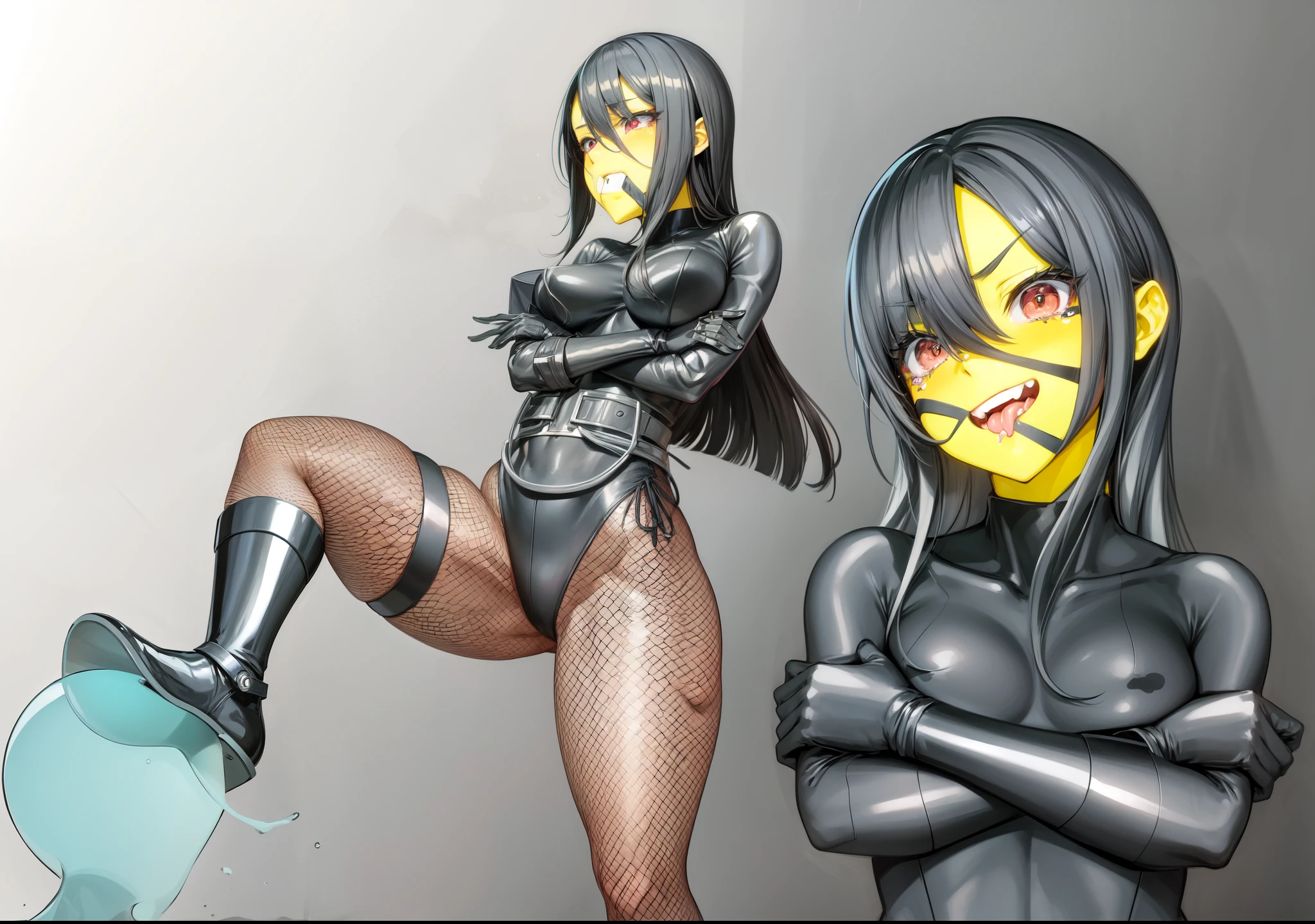 Japanese girl、Close-up of a girl in a black leotard、Black glossy leotard、Black boots、Wearing a belt around the waist、Saiyan Girl, wonderful, Nano Girl, Female body type, Inspired by Hiromu Arakawa, Anime Manga Robot!! Anime Girls, Fubuki, Full Body Suit, by Hiromu Arakawa、wonderful, silk, Beautiful and attractive anime , Anime Girls of the future, tears,Drooling,Pee,Sweat,Tongue out,incontinence,Peeing,Mouth open and tongue out,Estrus,Eyes wide open,Estrus,Blushing,Nipples are erect,Face is hot,Lust、Mouth wide open and tongue sticking out、incontinence、My crotch is wet、Crying face、Drooling、Camouflage on the face