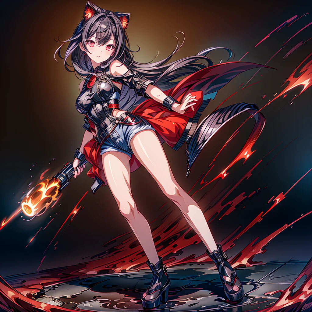 The best composition、Golden Ratio、(masterpiece, highest quality), (Super detailedな目), (Fine hair), Super detailed, Anime Style, whole body, Cyberpunk Egg Runner Girl,Scorched Red Cape、 ((black purple flame fist)), A crimson and jet black top knot hairstyle with red eyes, Wearing a rage cape and cyberpunk outfit. Standing on burnt ground, 8K High Resolution, whole body, Overall view,He is pointing an ak-47 at the viewer.、