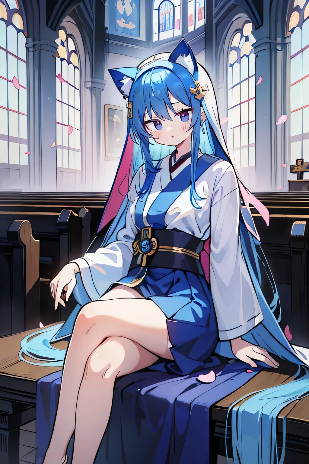 (masterpiece:1.2),Extremely detailed,Practical,expressive eyes,Fair skin,Perfect face shaping,1 Girl,
Japanese cartoons,Gorgeous blue hair, the long flowing blue hair,Floating clothes,Cat ears,Petals fall,beautiful lola,Young Angel,
Place your hands on your waist,sit elegantly on the ground,Cross your legs,Gentle and peaceful background,church,Nun's Clothes,back view,lie on the water.