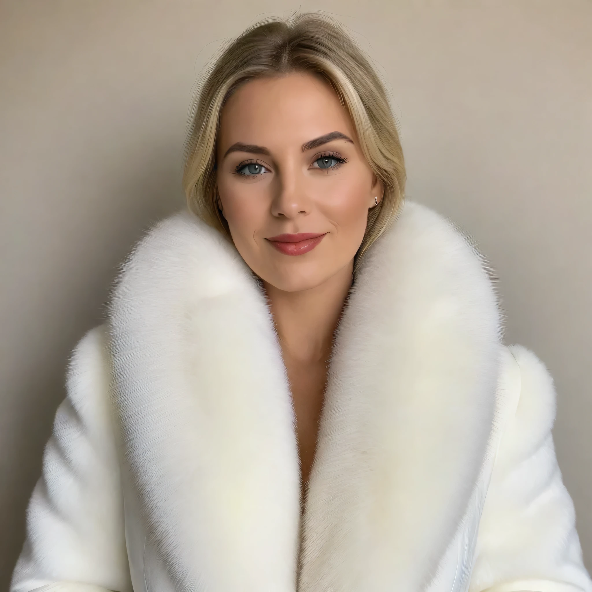 MILF super sexy de 19 ans, deux gros seins, beaux seins allongés pendants, Visage sexy, Cheveux blonds courts en désordre et raides, beau corps mince, bassin large, , vêtue d' un énorme manteau de fourrure en vison blanc, very very thick,50 centimeters thick, very thick white mink fur collar, moelleuse et soyeuse, ouvert laissant voir ses deux seins, et jupe en fourrure, souriante timide, elle saute en l'air en levant les bras en l'air,