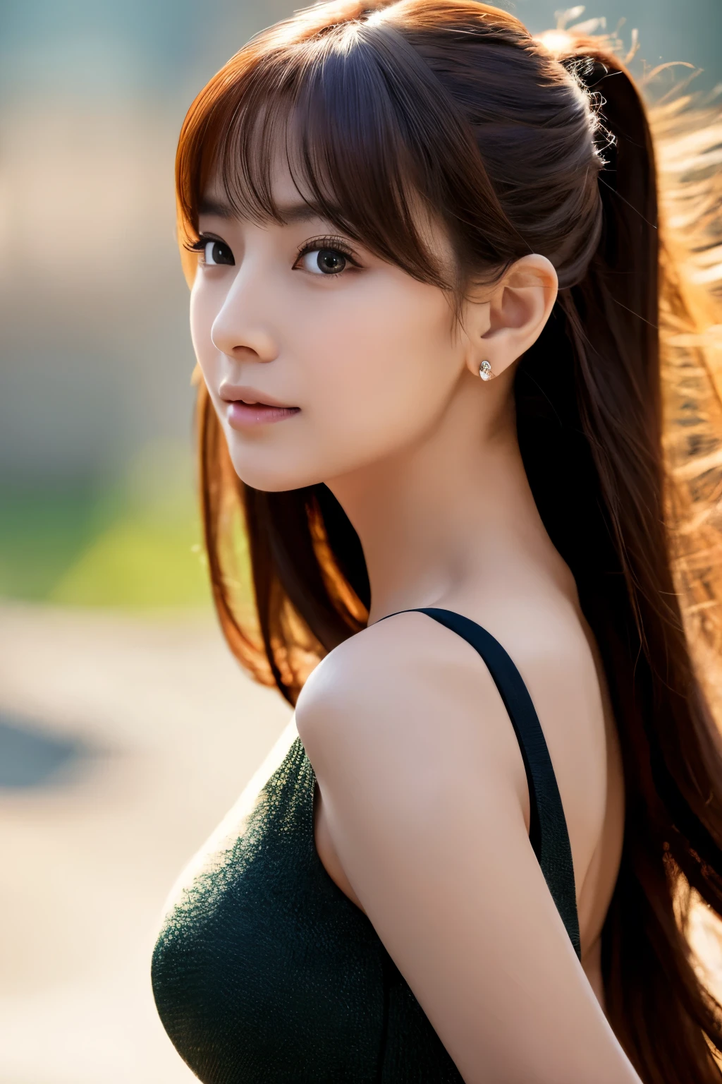 1female\(Skinny Japanese woman, age of 30, cute face, detailed face, eye color brown, detailed eyes, long straight hair, black, small breasts, very thin waist, slender legs, perfect human body structure, dynamic pose, wearing beautiful heart neck dress, looking away\), BREAK, background\(castle, seashore\), BREAK, quality\(8k, wallpaper of extremely detailed photo, masterpiece, high resolution, top-quality, top-quality real texture skin, hyper realisitic, increase the resolution, RAW photos, best qualtiy, highly detailed, cinematic lighting, ray trace, golden ratio\), Portrait, face close-up