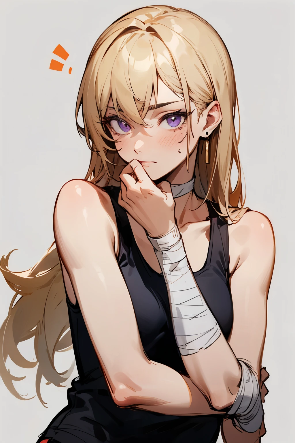 Golden ash hair and purple eyes,Beauty,Earrings,Bandage on right arm,A Yankee-like person,Voice Changer,Black spot on left cheek,Tank top,Long Hair