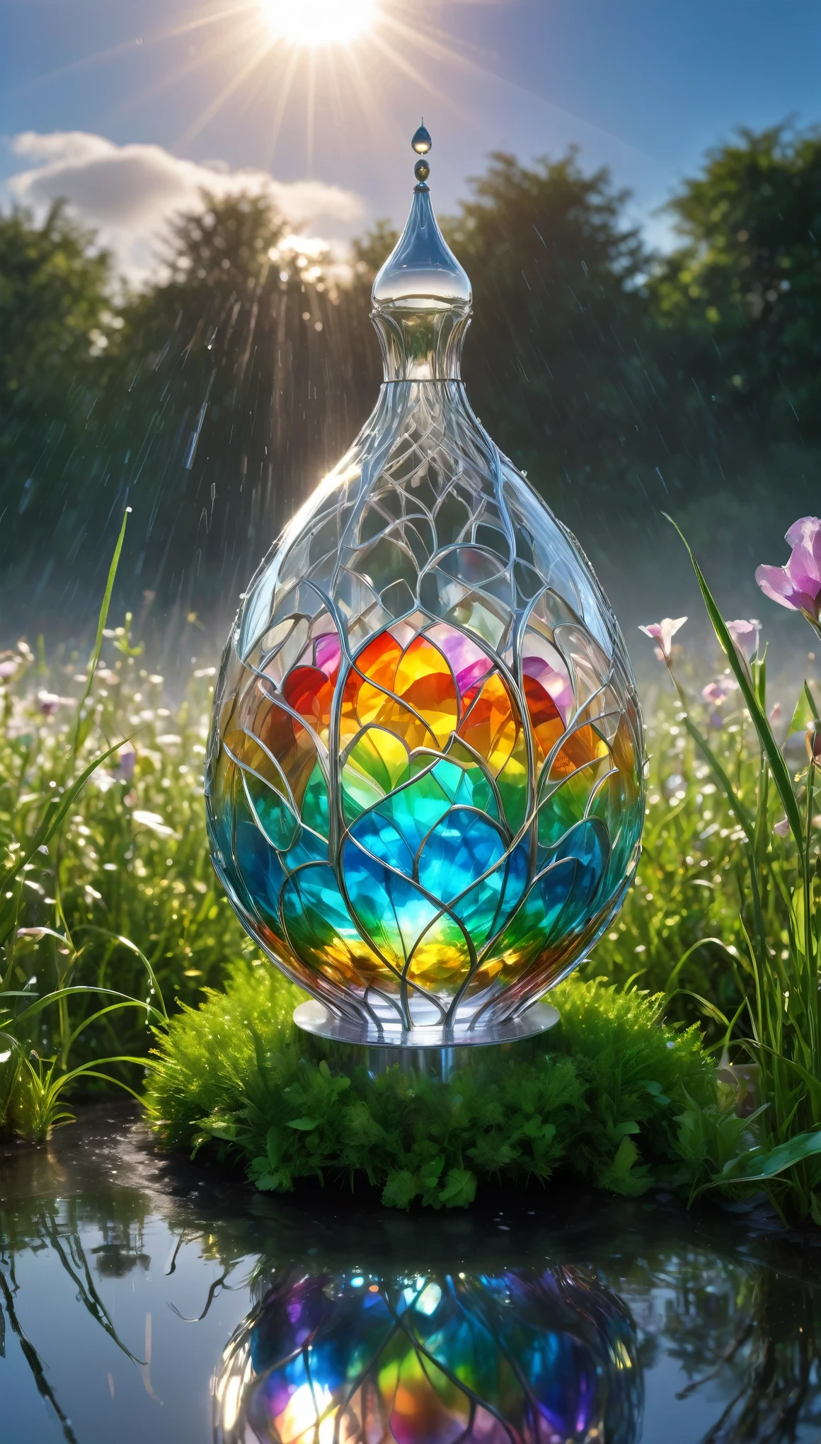 best quality, super fine, 16k, incredibly absurdres, extremely detailed, delicate and dynamic, a mysterious gigantic artistic structure made of chrome-plated framework and glass, after the rain, sunlight shines through the gaps in the clouds, the glass reflects the rainbow colors and the analyzer is displayed, a lot of iridescent petals fluttering down, the grass is covered with mist, creating a fantastic image effect