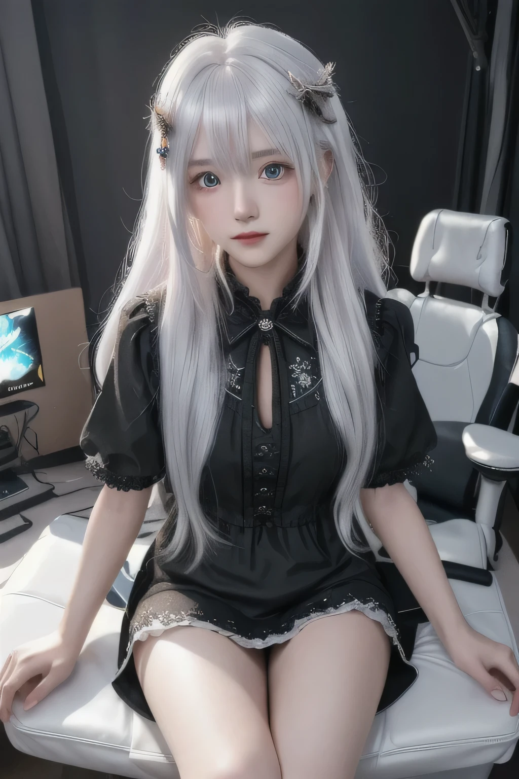 ((best quality)), ((masterpiece)), Snow mountain,((ultra-detailed)), extremely detailed CG, (illustration), blizzard, ((detailed light)), (an extremely delicate and beautiful), 1girl, solo, ((cowboy shot)), ((cute face)),(beautiful detailed eyes), red eyes,white hair, shiny hair, colored inner hair,Ice rose,Ice hair ornaments,adorns,, [ice crystal],, crystal,((floating hair)), ((caustic)),((disheveled hair)),watercolor_(medium),detailed background,fluttered detailed splashs, full body view, a gaming setup, background have gaming setup, detailed gaming setup, sitting chair, looking directly in a camera, sitting on a white color gaming chair, mid view, detailed gaming setup view, setup must have multiple monitors, detailed background, black color dress ((black color dress)), ((nice black color dress))((short dress))