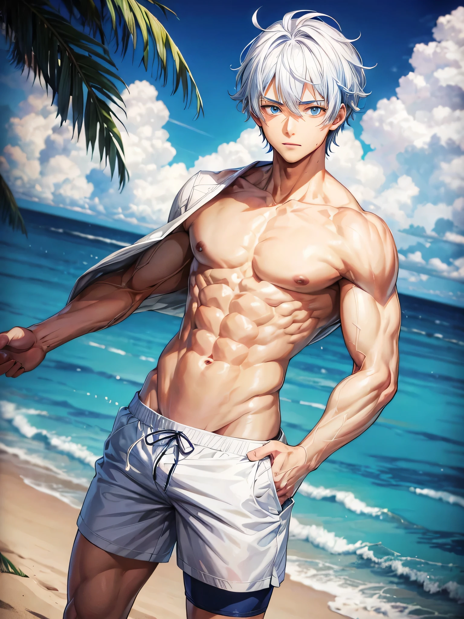 Anime guy about , shirtless, with blue eyes and white hair, muscular, 6 pack abs, with white shorts, on the beach  