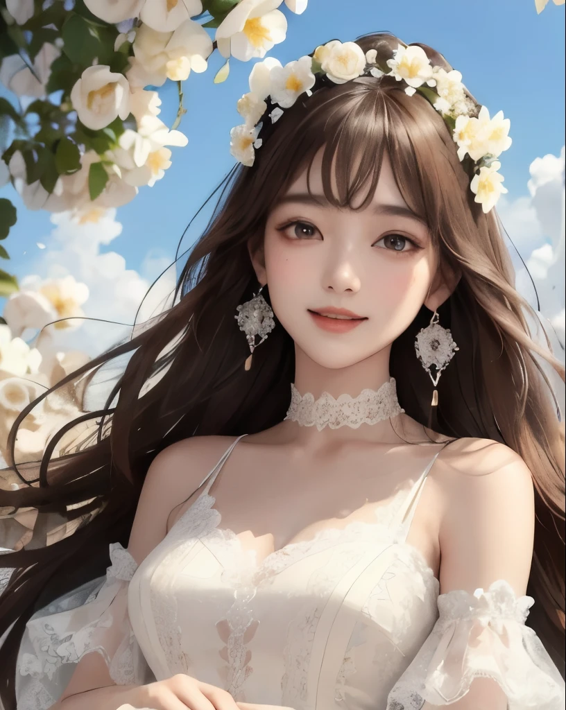 highest quality、masterpiece、
vivid、beautiful girl、1 person、wide double eyelids、Big eyes、Sepia eyes、Upper Body、Japanese、Long Hair、Brown Hair、((White lace dress、organdy))、Princess、Princess、clear、choker、Earrings、Flower Field、sun、Daytime、bright、vivid、Flower Crown、Natural smile
