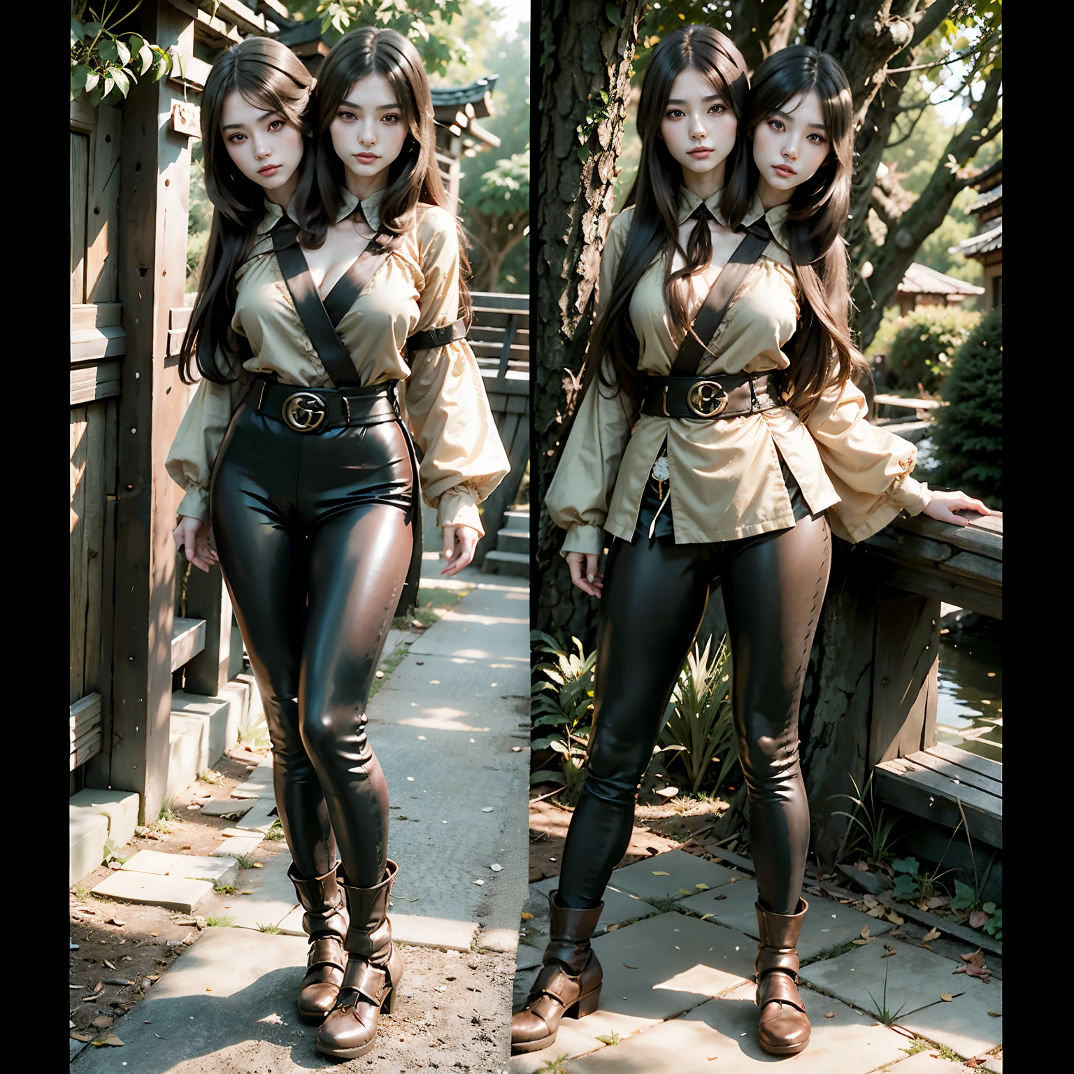 4k, realistic, very detail, there is a girl on a wood, she is a samurai, war theme, soft clothes, long hair, wearing legging, 25 years old, full body, wearing gucci shoes, (two heads)