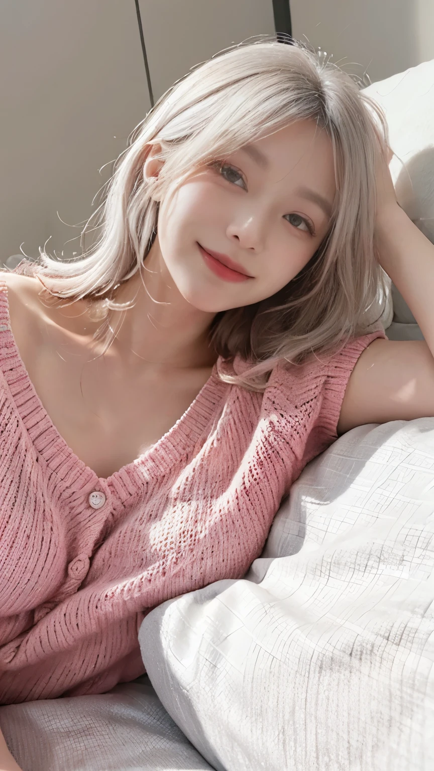 Highest image quality、Live shooting、ultra high resolution、21 year old Korean、small breasts、dynamic angle、cowboy shot、the most beautiful form chaos、elegant、brutalist design、vivid colors、beautiful white hair、short bob、smile、smile、shiny white skin、Beautiful eyes with random colors、Beautiful eyes in every detail、elongated eyes、thin lips、pale pink blush、long eyelashes、beautiful double eyelids、eye shadow、bright room、big sweater、hot pants、Taken from diagonally above、sleeping on the bed,sleepy