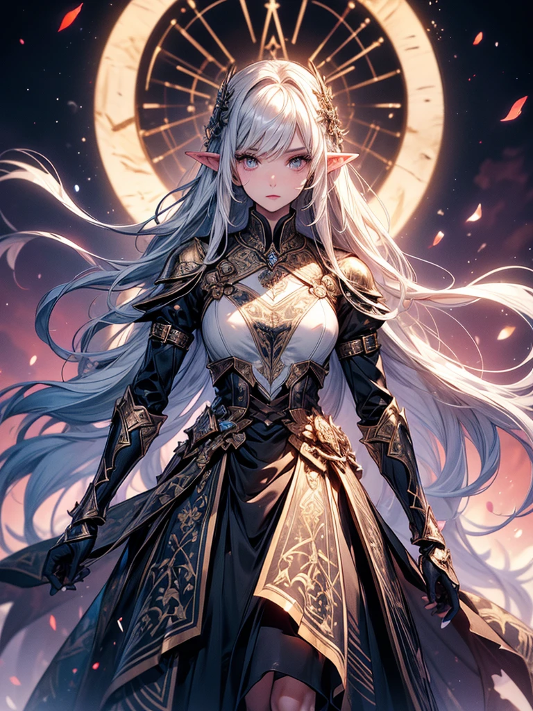 (((masterpiece, best quality, high detailed, 4k))) Design a layout showcase Gaming character, (1girl). Purple|Black clothes, stylish and unique. ((showcase weapon:1.4)), holy majestic spear. (masterpiece:1.2), (best quality), ultra-detailed. (Step by step design, layout art:1.5), (luminous lighting, atmospheric lighting). arcane elf, ((glove full hands)), (((revealing clothes:1.3))), vambraces, armored legwear, (((full_body_shot:1.4))). {In a mystical library}. Zentangle, mandala, tangle, entangle, fractal art:1.3, maxiskit, dress conservatively, (elf:1.2), solo, full body, wide shoot, standing with white boots, holding sword down, blunt bangs, hair between eye, white hair, golden eyes, long hair, elf ears, Valkyrie white armor, angel, chest protector, side bang, from front, extra size body, night, mountain, look at viewer, dynamic pose, art style by Artgerm, by Kawacy, by Wadim Kashin, BREAK, eyelashes, eyeshadow, pink eyeshadow.
