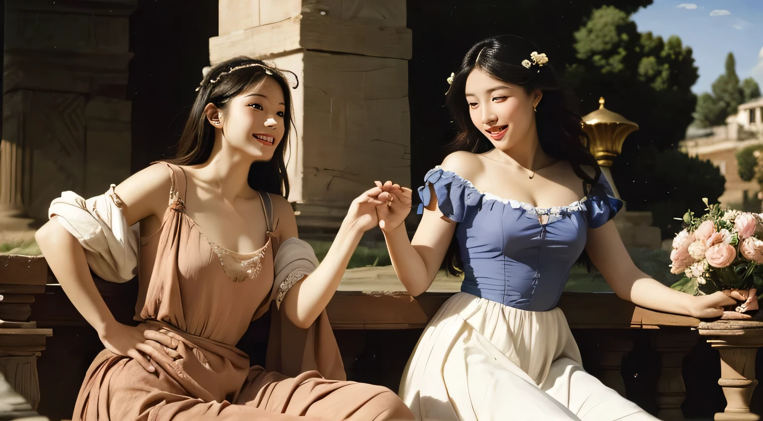 Prompt: full body portrait or statue、Giorgione painting style,Arguments of two female Philosophe,math、astronomical machine、astronaut、roses in vase、fruits、Cute trinkets、smile、ancient greek costume、Ancient Roman landscape in the style of Nicolas Poussin,laughter,,Sweet and seductive appearance.、Caravaggio's paintings、Chiaroscuro of Caravaggio、hair tousled by the wind,Two women frolicking,cute smile, expression of ecstasy,Sexy,erotic
