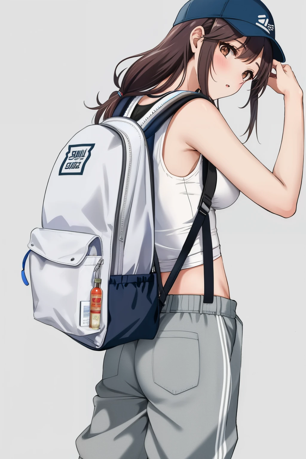 A beautiful woman in a white tank top and gray sweatpants with a backpack, mochila, com uma mochila, uma mochila, mochila escolar, mochila quadrada, uma mulher usando uma mochila, a mulher tem uma mochila, branco e cinza, rear facing, Arte Digital - W 640, Sacos, saco, mochila disco de controle remoto, Cinza claro, roupas esportivas fofas, anime, 2d