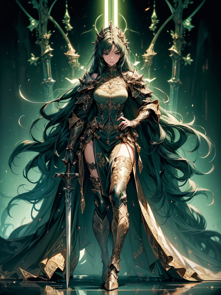 (((masterpiece, best quality, high detailed, 8k))) Design a layout showcase Gaming character, (1girl). Green|Brown clothes, stylish and unique. ((showcase weapon:1.4)), dual daggers. (masterpiece:1.2), (best quality), 4k, ultra-detailed. (Step by step design, layout art:1.5), (luminous lighting, atmospheric lighting). assassin, ((glove full hands)), (((revealing clothes:1.3))), vambraces, armored legwear, (((full_body_shot:1.4))). {In a dense jungle}.