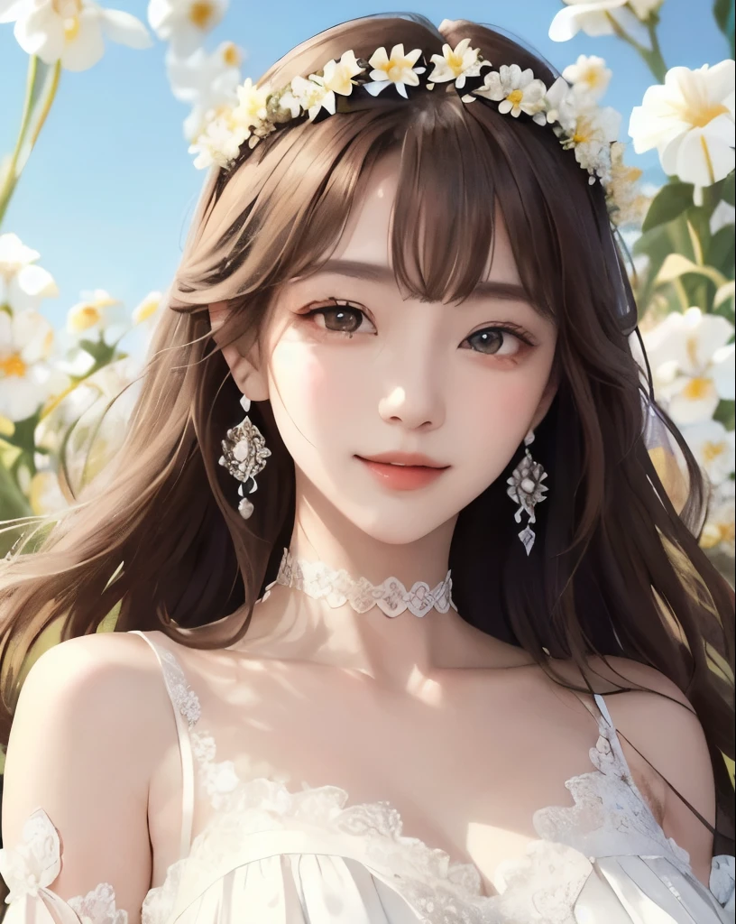 highest quality、masterpiece、
vivid、beautiful girl、1 person、wide double eyelids、Big eyes、Sepia eyes、Upper Body、Japanese、Long Hair、Brown Hair、((White lace dress、organdy))、Princess、Princess、clear、choker、Earrings、Flower Field、sun、Daytime、bright、vivid、Flower Crown、Natural smile