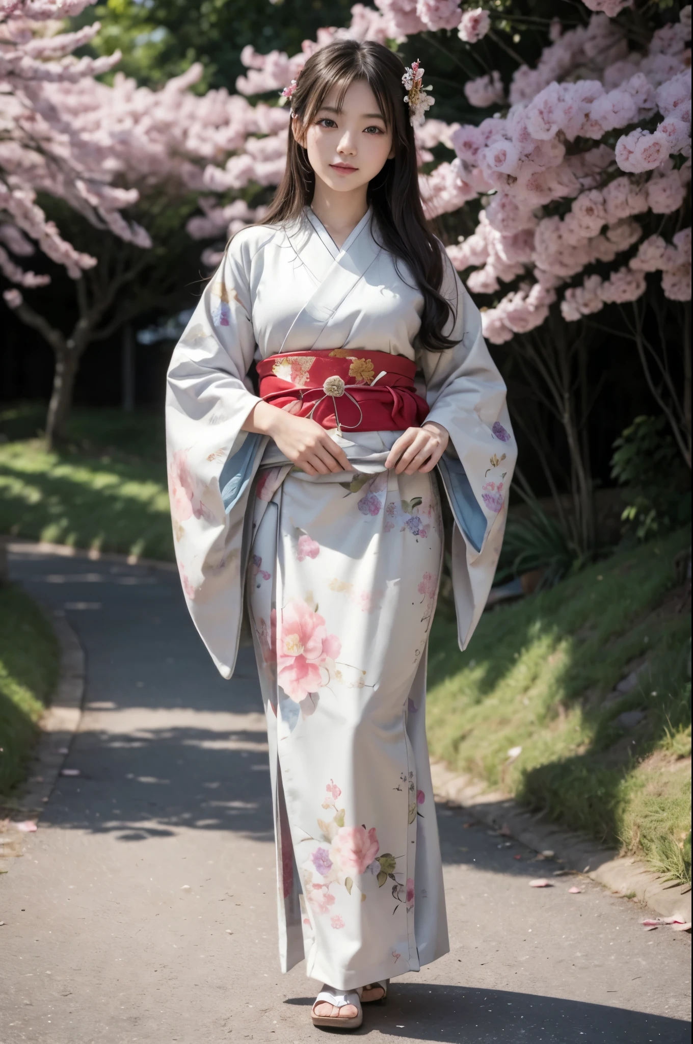 (masterpiece, highest quality, Realistic, High resolution, photograph, :1.3), Sharp focus, 1 Cute Japanese Girl, Hot Model, Highly detailed eyes and pupils, Realistic Skin, Highly detailed hair, Delicate face, Sensual look, Bright lips, Natural Lip, ((whole body shot)), standing pose, smile, (Furisode:1.5), (Floral:1.2), ((sash)), ((obi)), outside of home, (Japanese Style Country), full body,