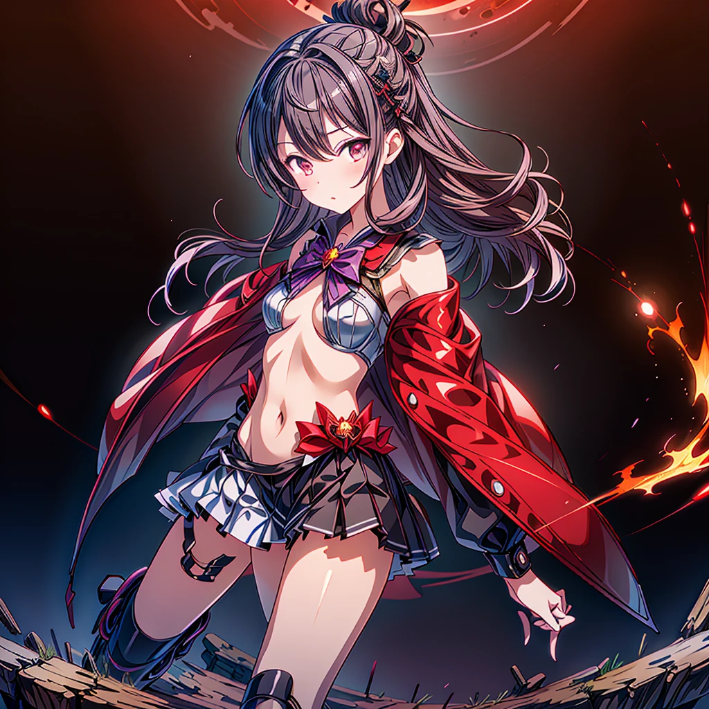 The best composition、Golden Ratio、(masterpiece, highest quality), (Super detailedな目), (Fine hair), Super detailed, Anime Style, whole body, cyber punk,Magical girl、Scorched Red Cape、 ((Black-purple flame magic)), A crimson and jet black top knot hairstyle with red eyes, 怒りのマントとMagical girlの衣装を着て. Standing on burnt ground, 8K High Resolution, whole body, Overall view,He is pointing an ak-47 at the viewer.、